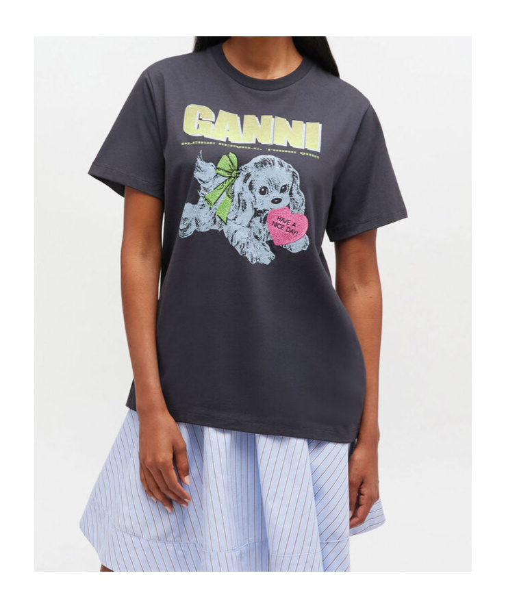 Ganni Puppy Dog-print Graphic T-shirt In Gray