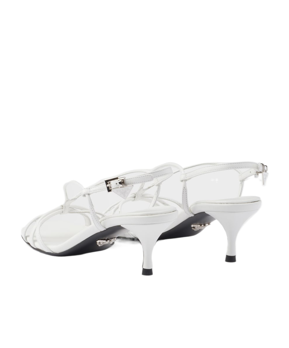 Prada Capretto Strappy Leather Sandals With Triangle Logo Charm In White