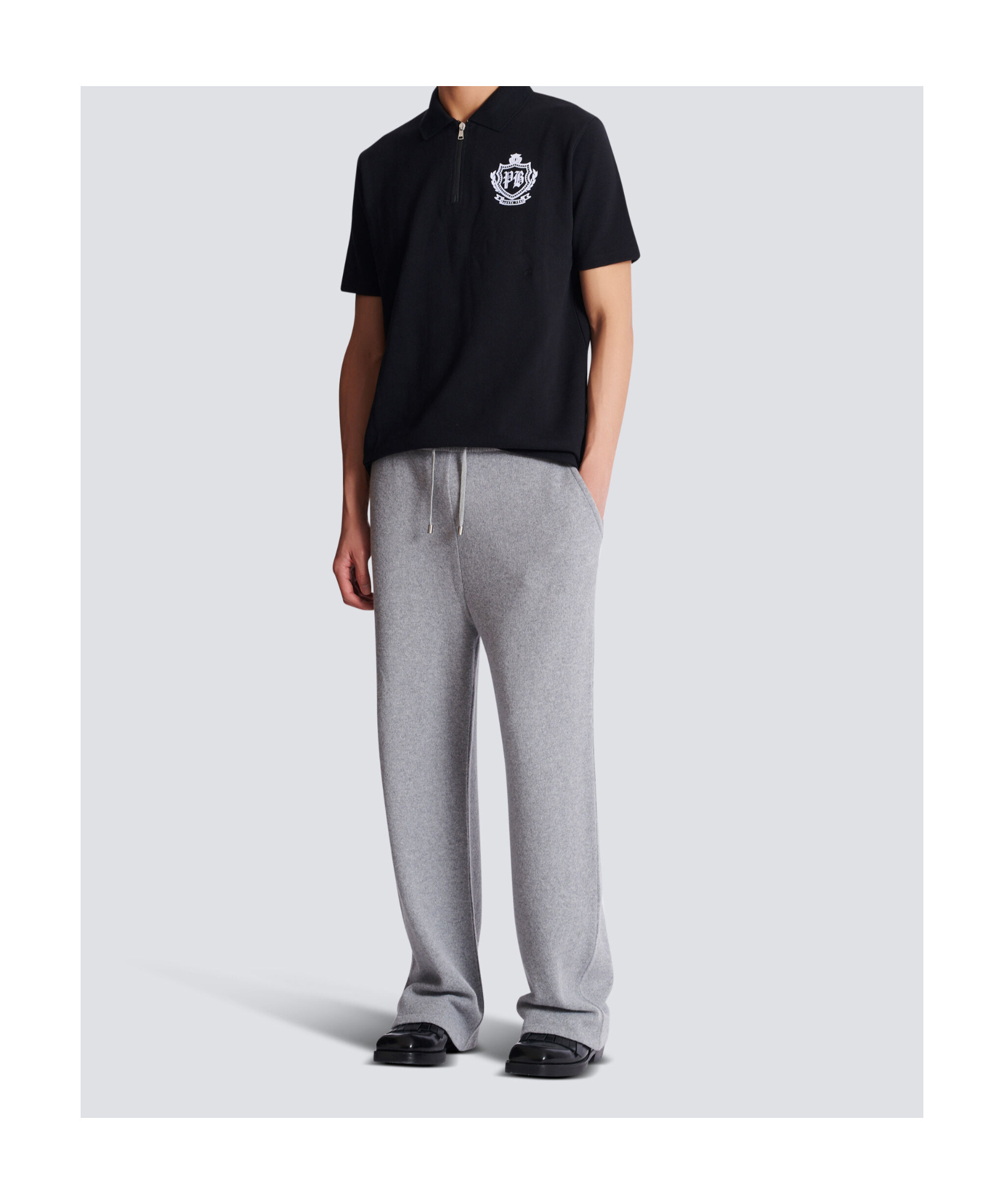 Balmain Short Sleeve Zip Collar Polo Shirt In Black