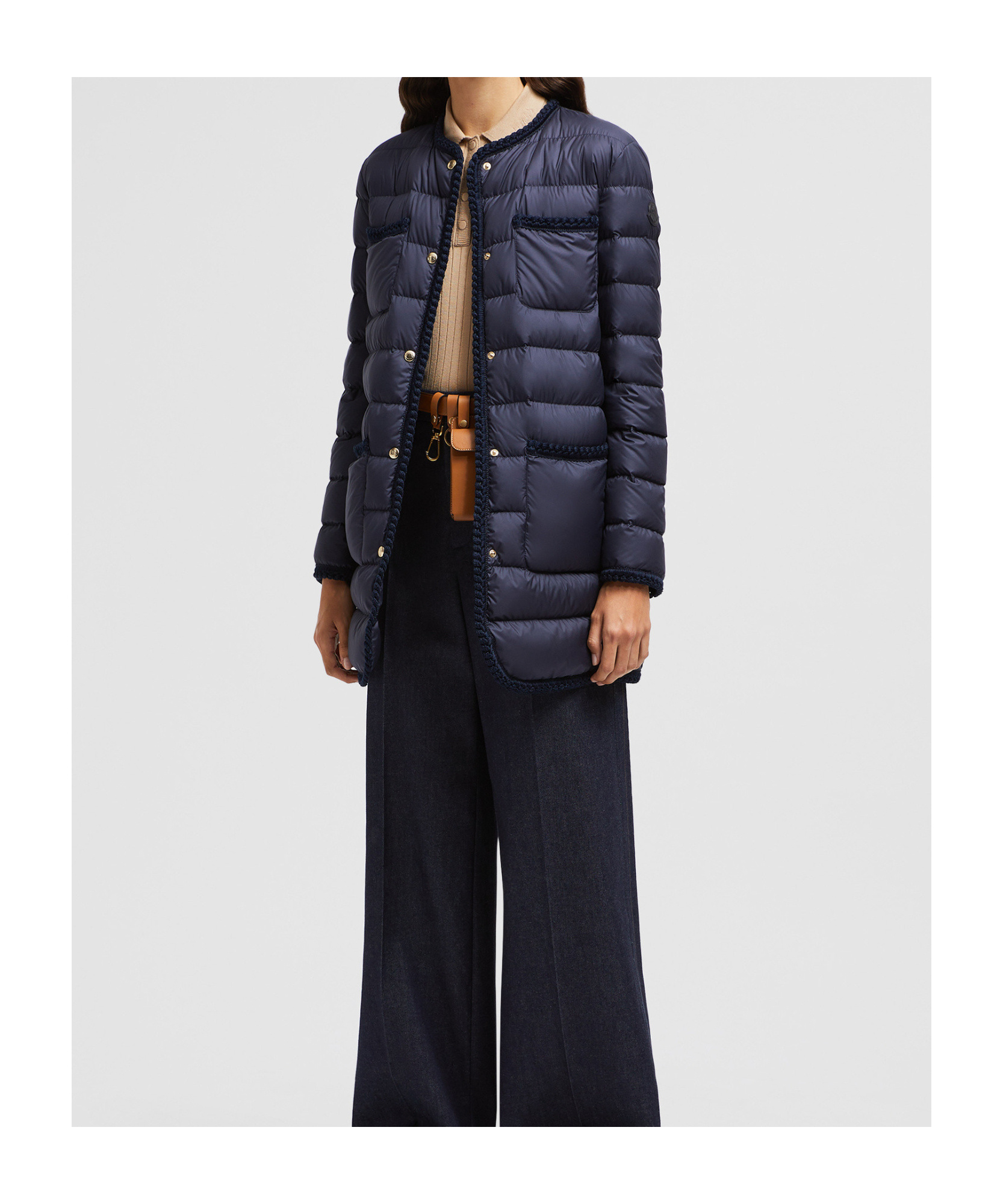 Moncler Gencaylong Woven Trimmed Long Down Jacket In Blue