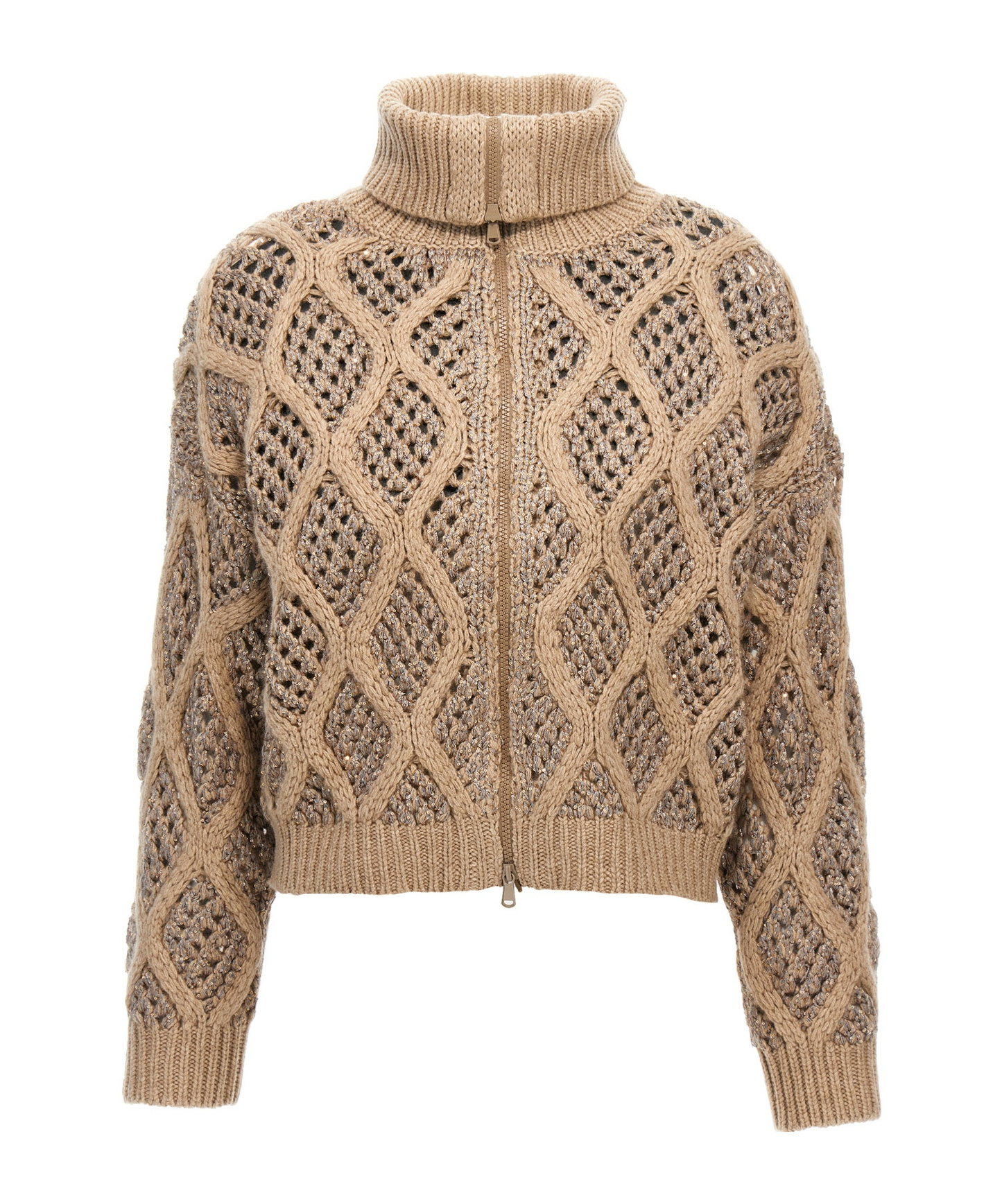 Brunello Cucinelli Zipped Open-knit Cardigan In Nude