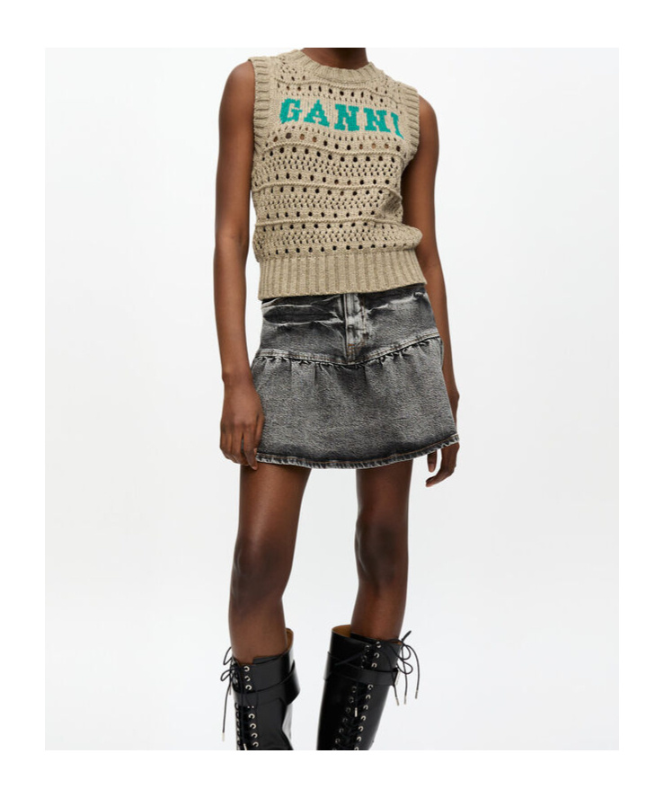 Ganni Perforated Vest With Logo Inlay In Nude