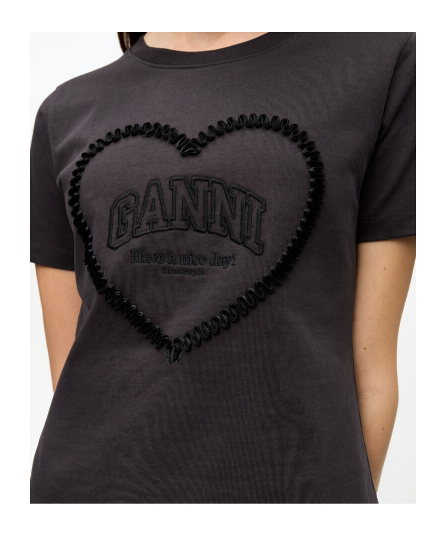 Ganni Crewneck Embroidered Phantom T-shirt In Black