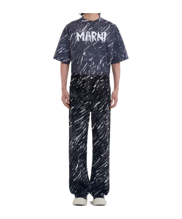 Marni Black Flocked Denim Wide-leg Jeans With Crayon Print In Black