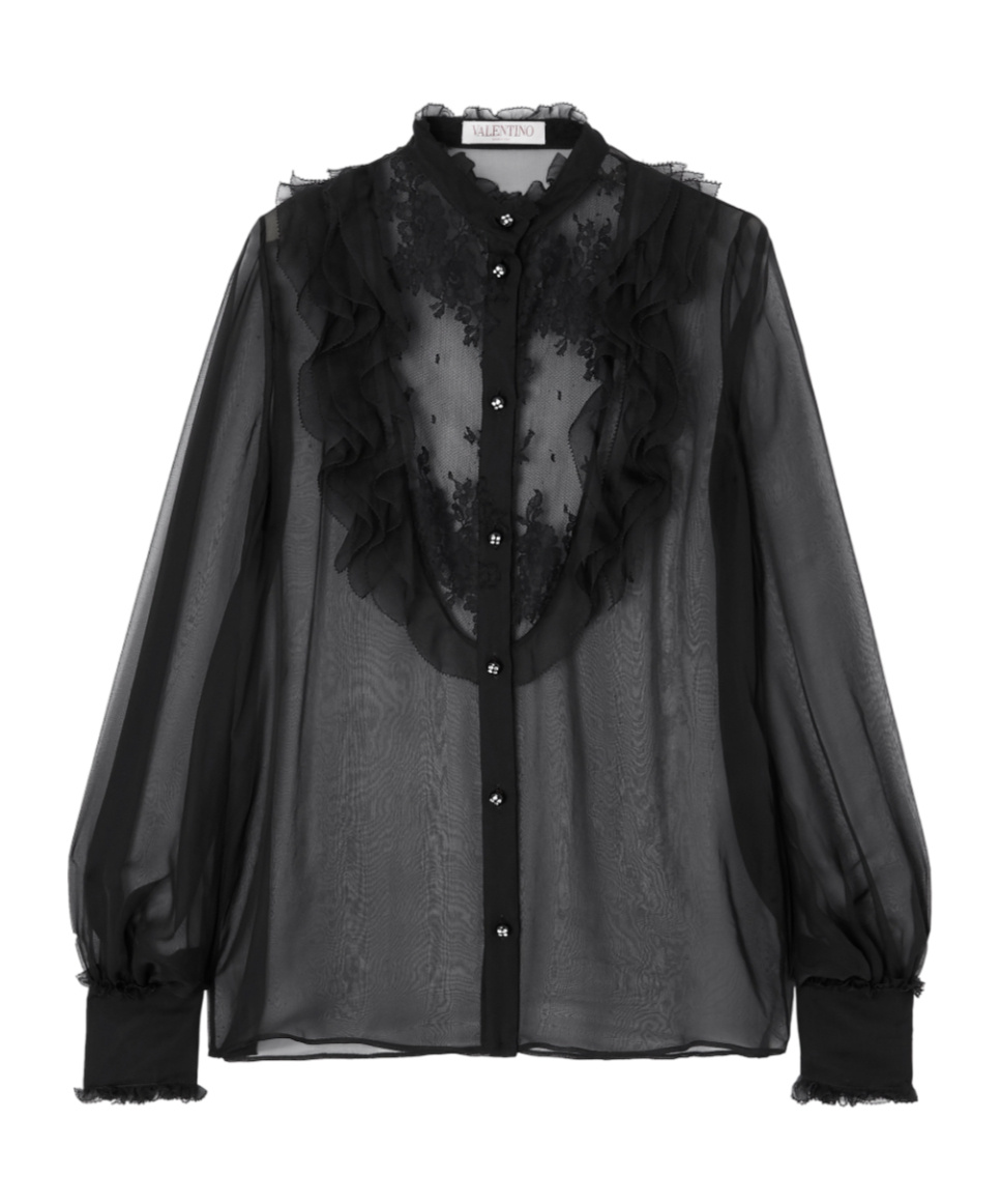 Valentino Ruffled Lace-trimmed Silk-chiffon Blouse In Black