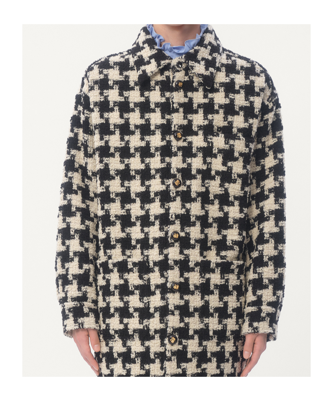 Valentino Wool Shirt Jacket With Pied De Coque Pattern In Ivory/black