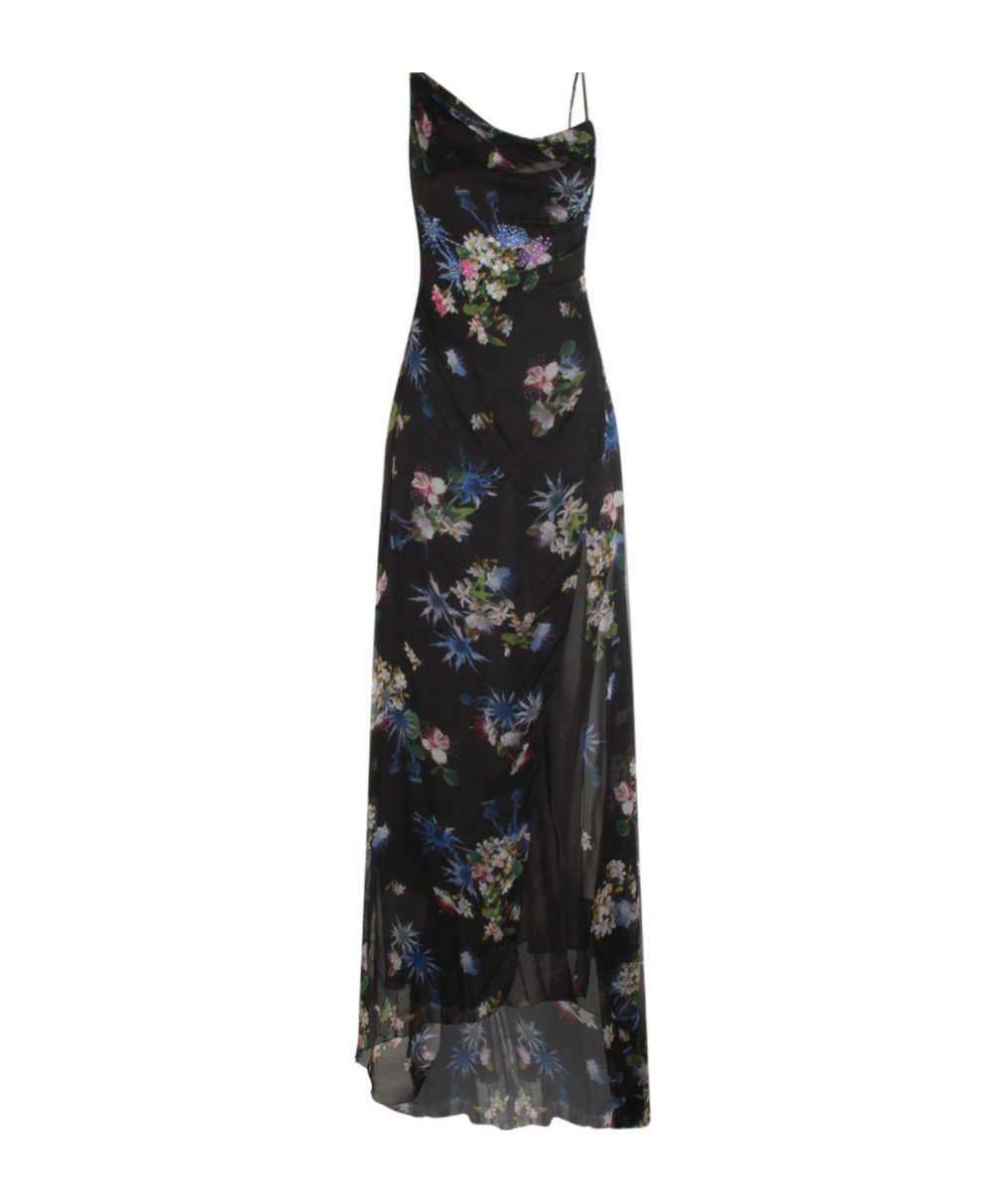 Blumarine Floral Asymmetric Sheer Spaghetti Strap Dress In Black