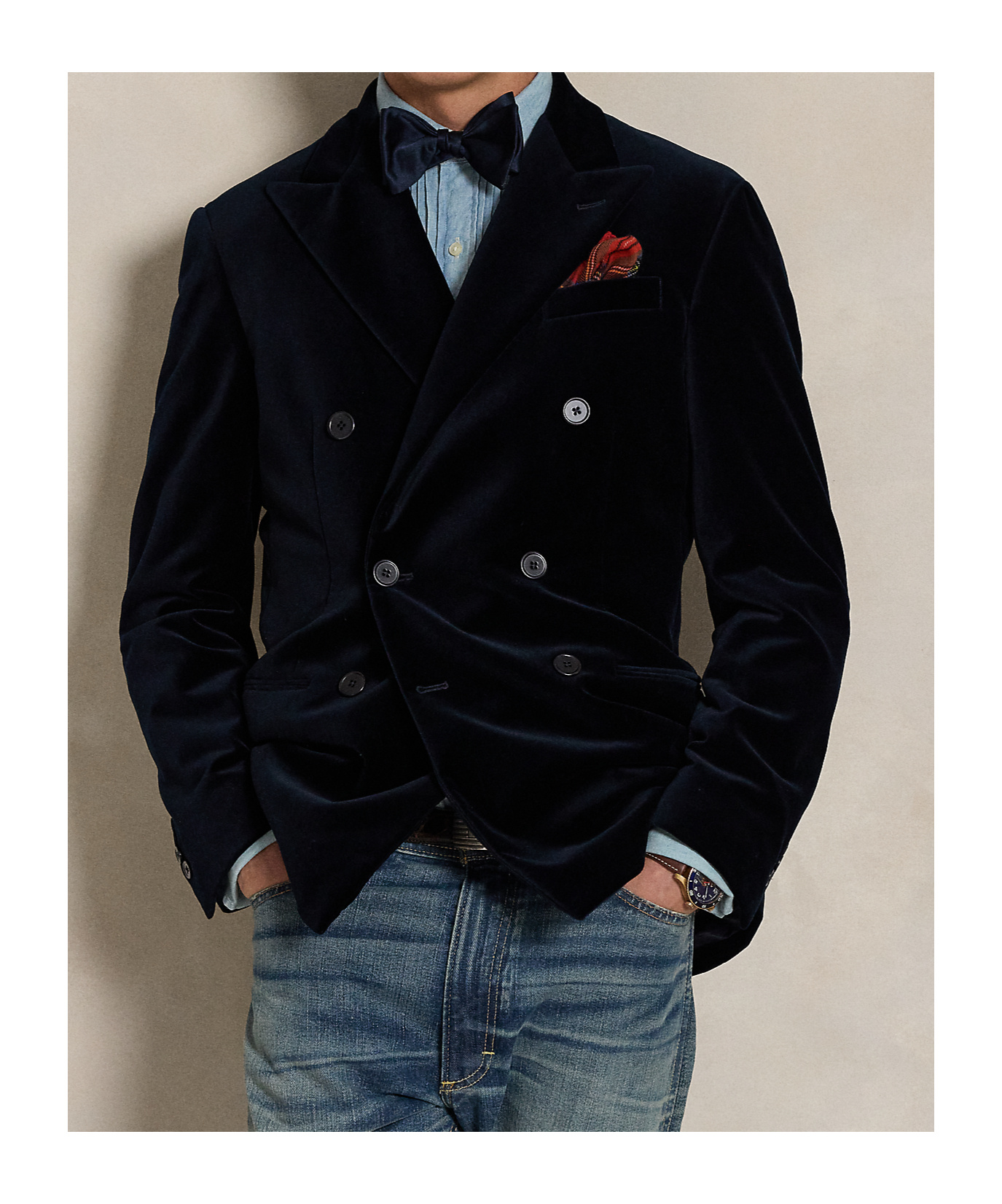 Polo Ralph Lauren Mens Peak-lapel Double-breasted Velvet Blazer Navy In Black