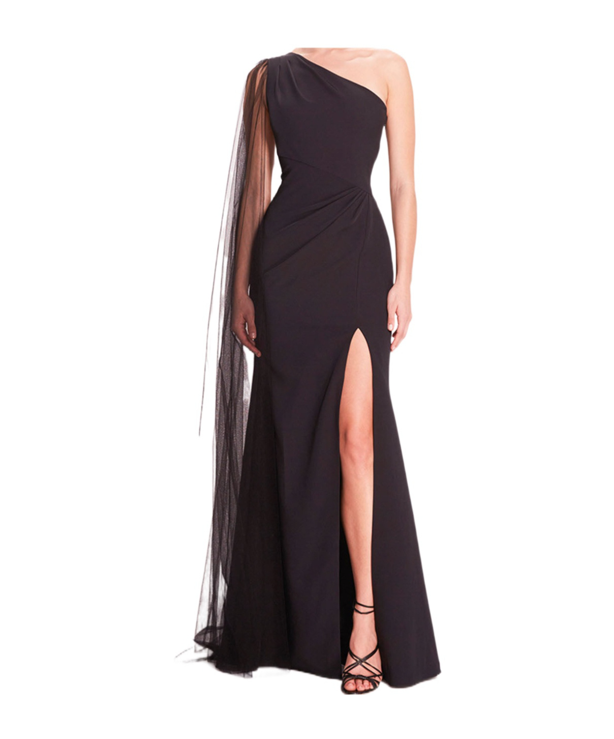 MARCHESA NOTTE ONE-SHOULDER CAPE GOWN