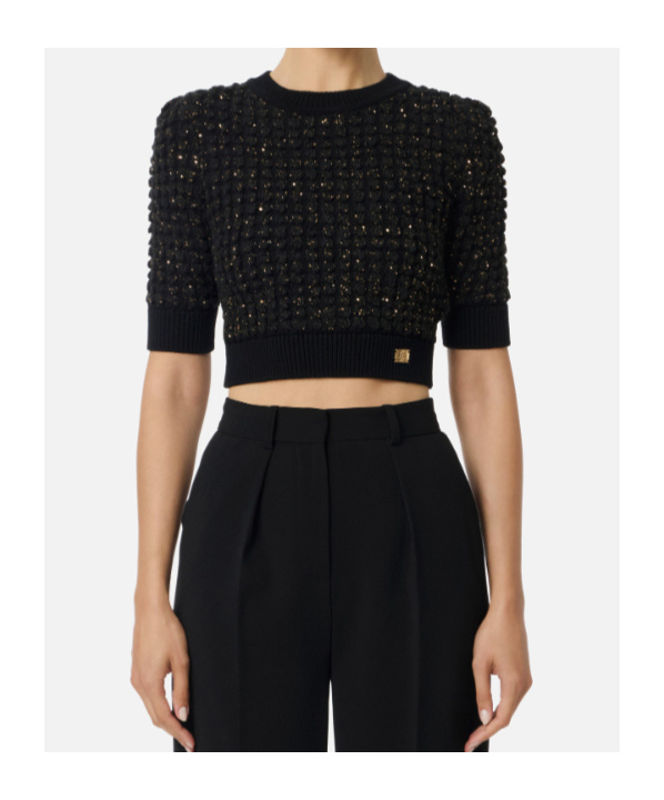 Elisabetta Franchi Bouclé Knit Top With Sequins In Black