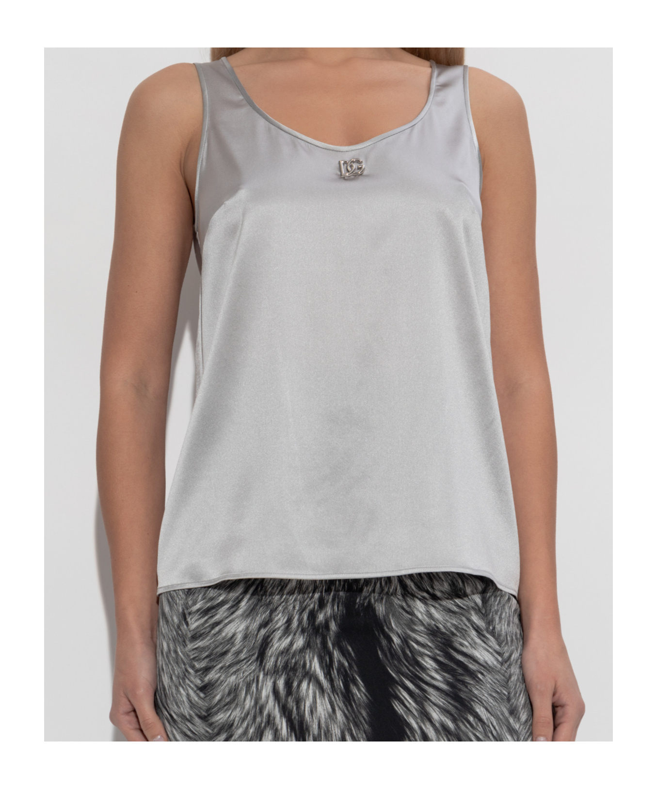 Dolce & Gabbana Silk Satin Tank Top With Dg Logo Pin In Gray