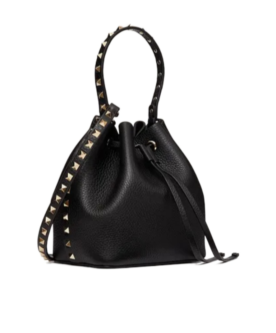 Valentino Rockstud Grainy Leather Bucket Bag In Black