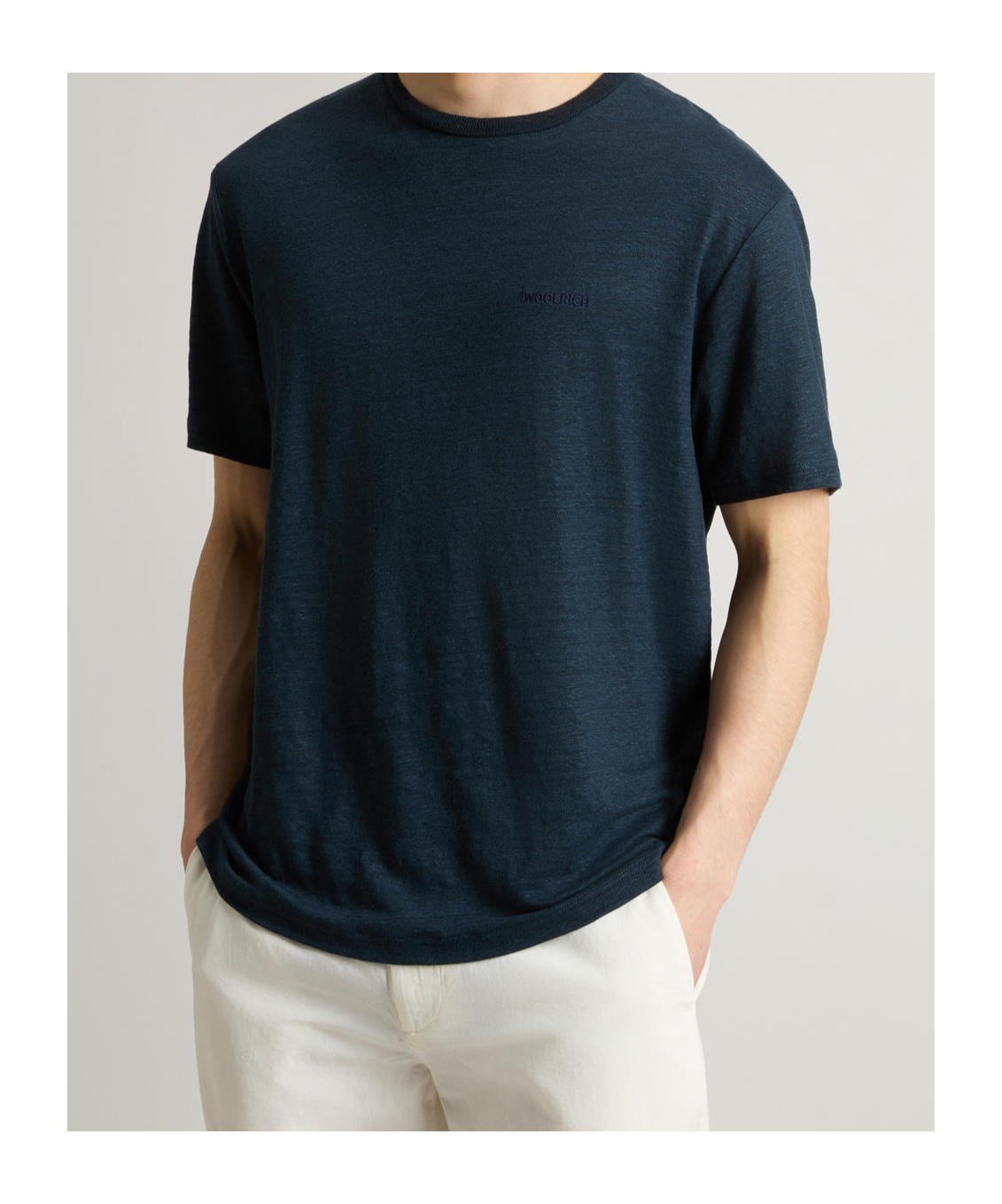 Woolrich Pure Linen T-shirt With Embroidered Logo In Black
