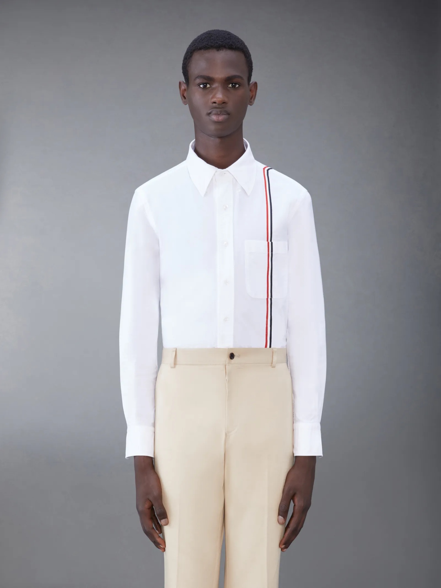 Thom Browne Long-sleeved Poplin Shirt With Signature Stripes In White