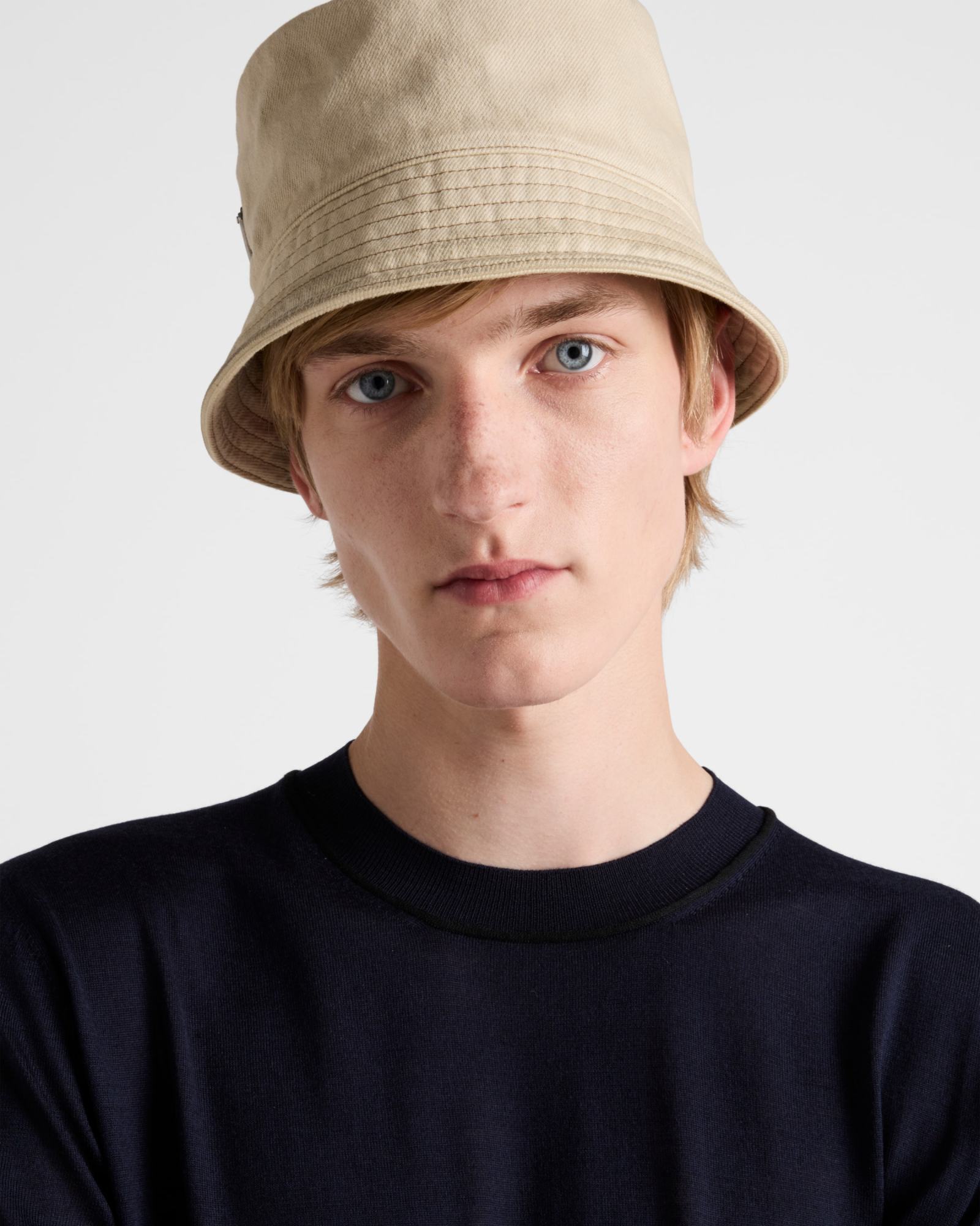 Prada Mens Neutral Worn Bull Logo-plaque Denim Bucket Hat In Nude