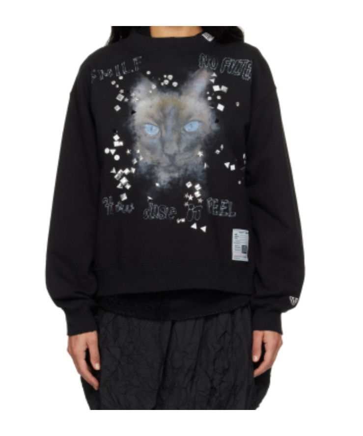 Miharayasuhiro Black Cat Printed Embellished Distressed Sweatshirt In Black