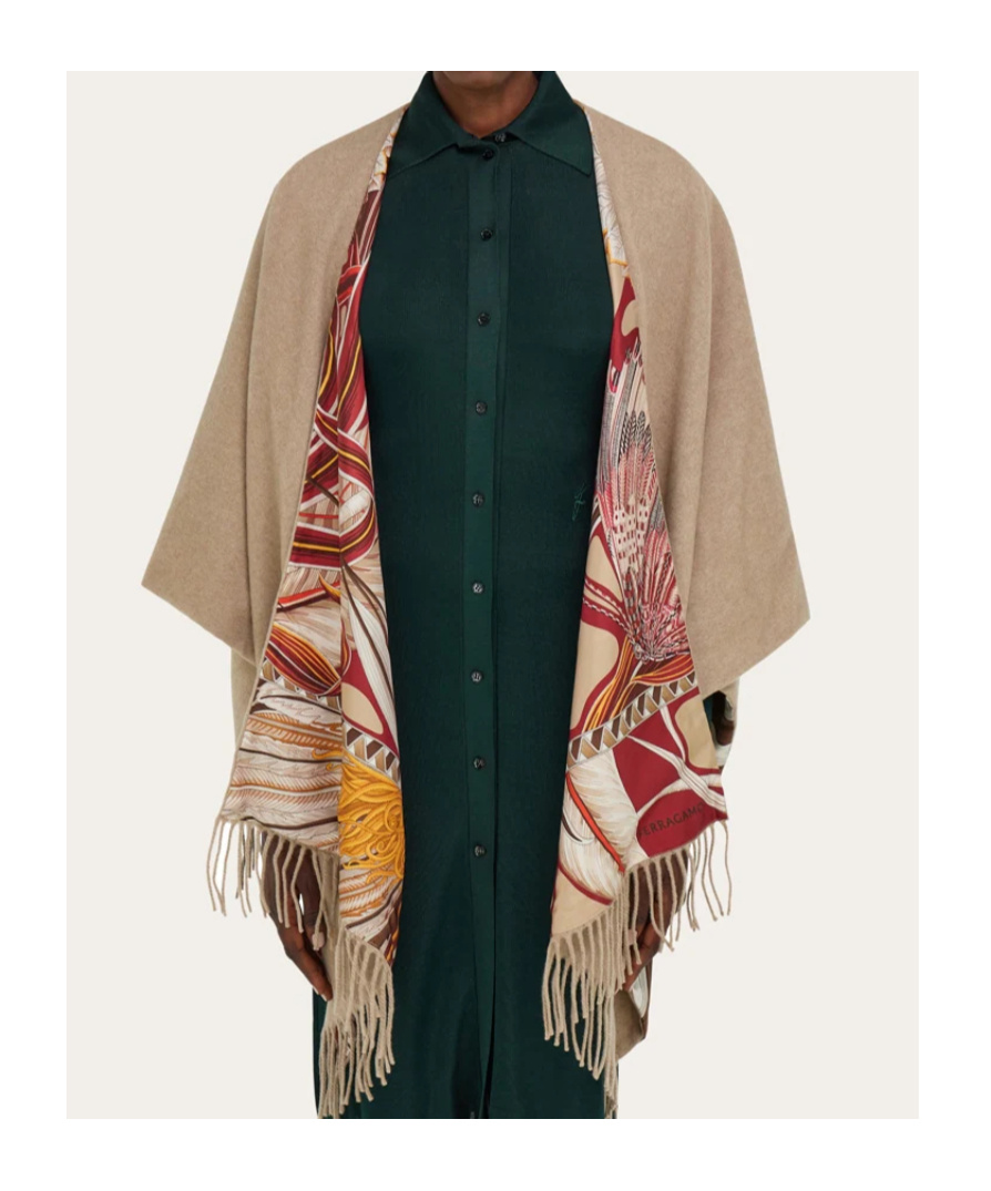 Ferragamo Cashmere And Giada Print Silk Reversible Cape In Brown