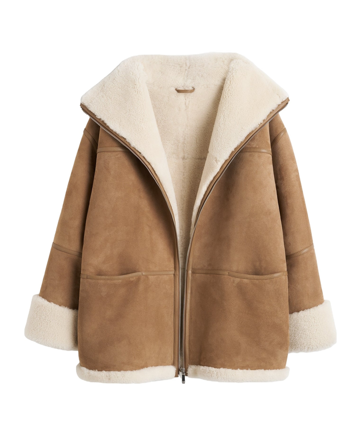 Totême Biscuits Shearling Lamb Leather Jacket With Wide Collar In Brown