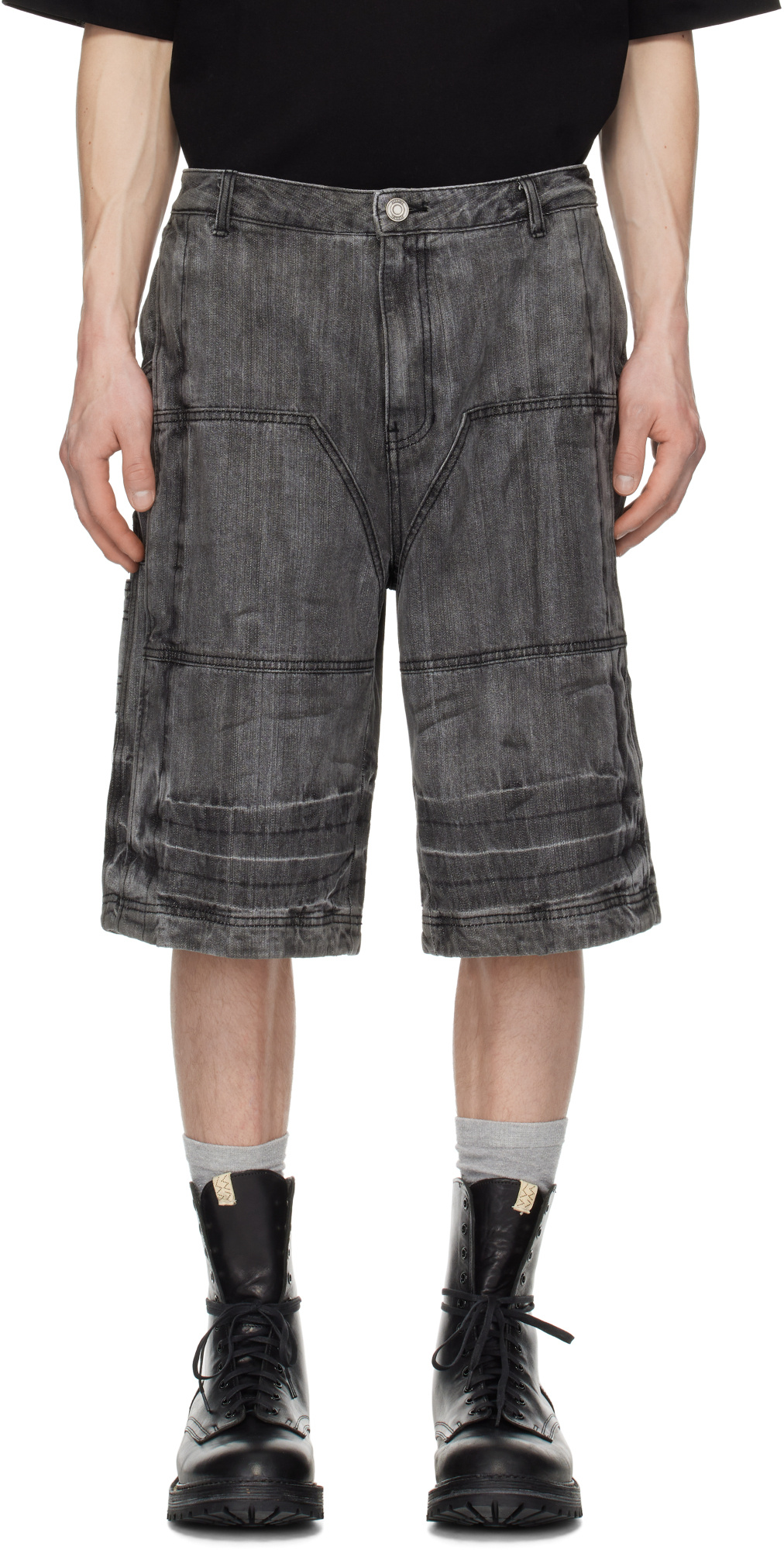 Juunj Gray Washed Long Denim Shorts In Black
