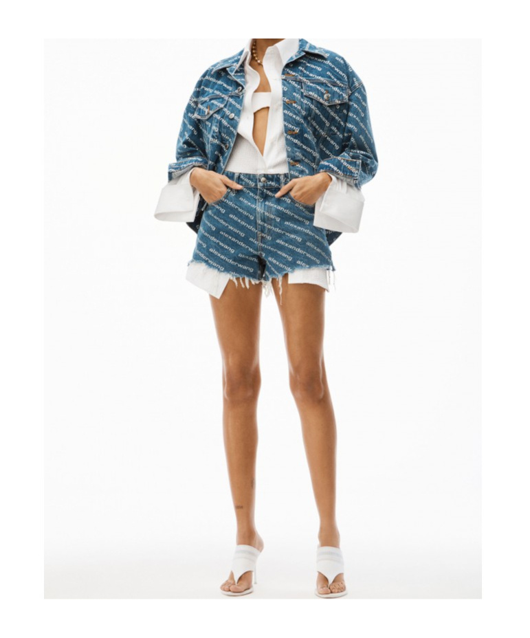 Alexander Wang Denim Shorts With All Over Logo In Blue