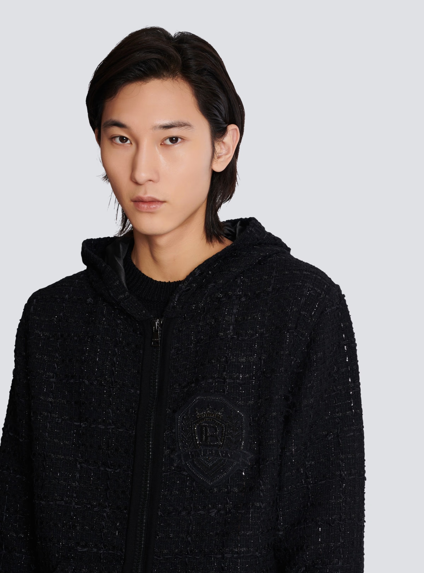 Shop Balmain Tweed Hooded Jacket In Black
