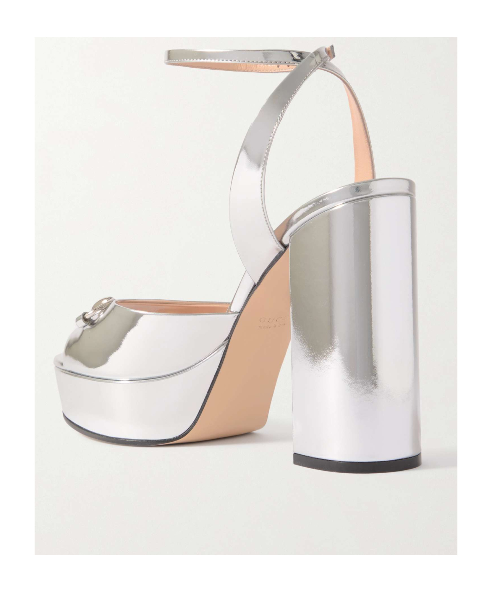Gucci Horsebit Metallic Leather Platform Sandals In Silver