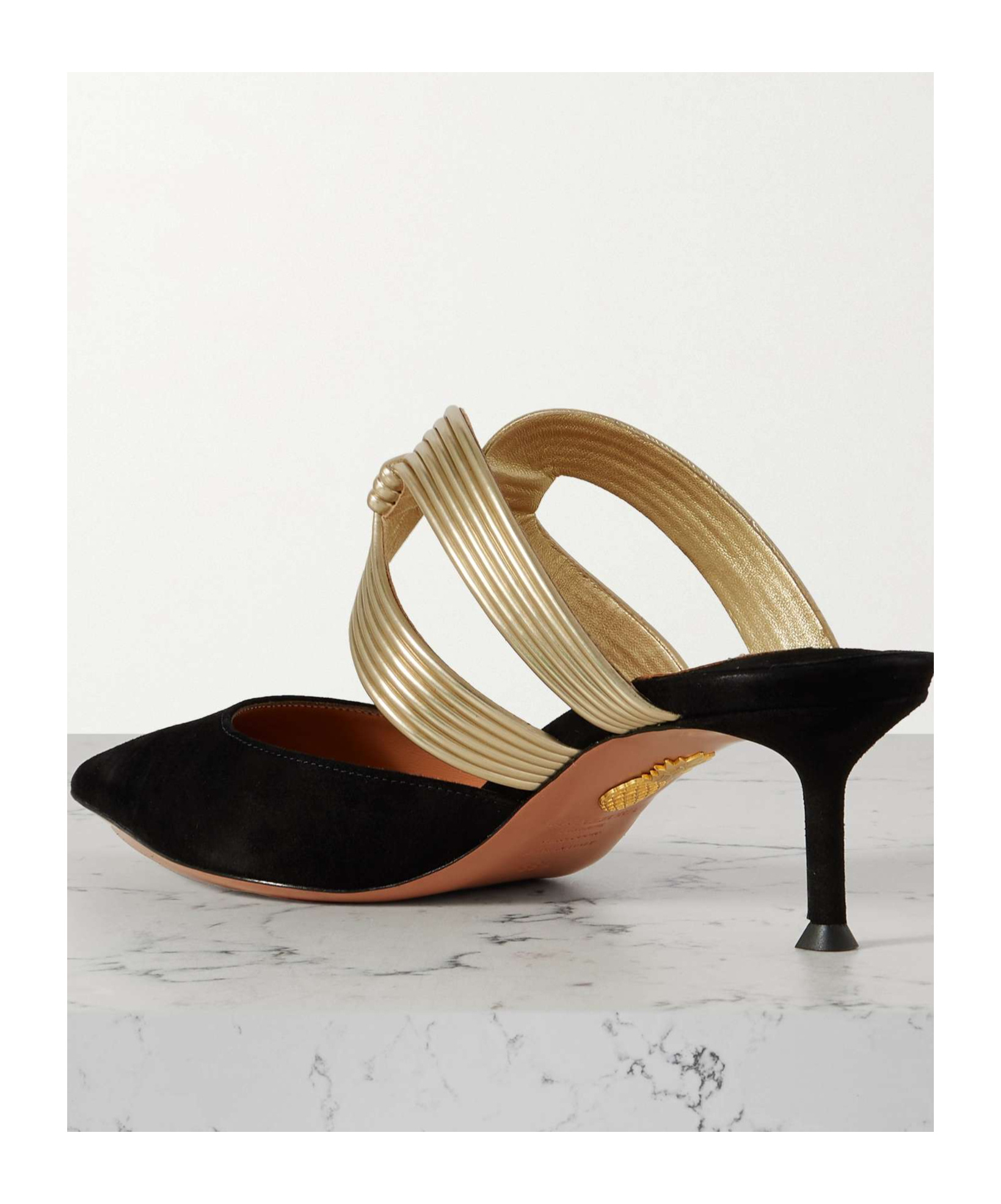 Aquazzura Escenia 50 Two-tone Metallic And Suede Mules In Black