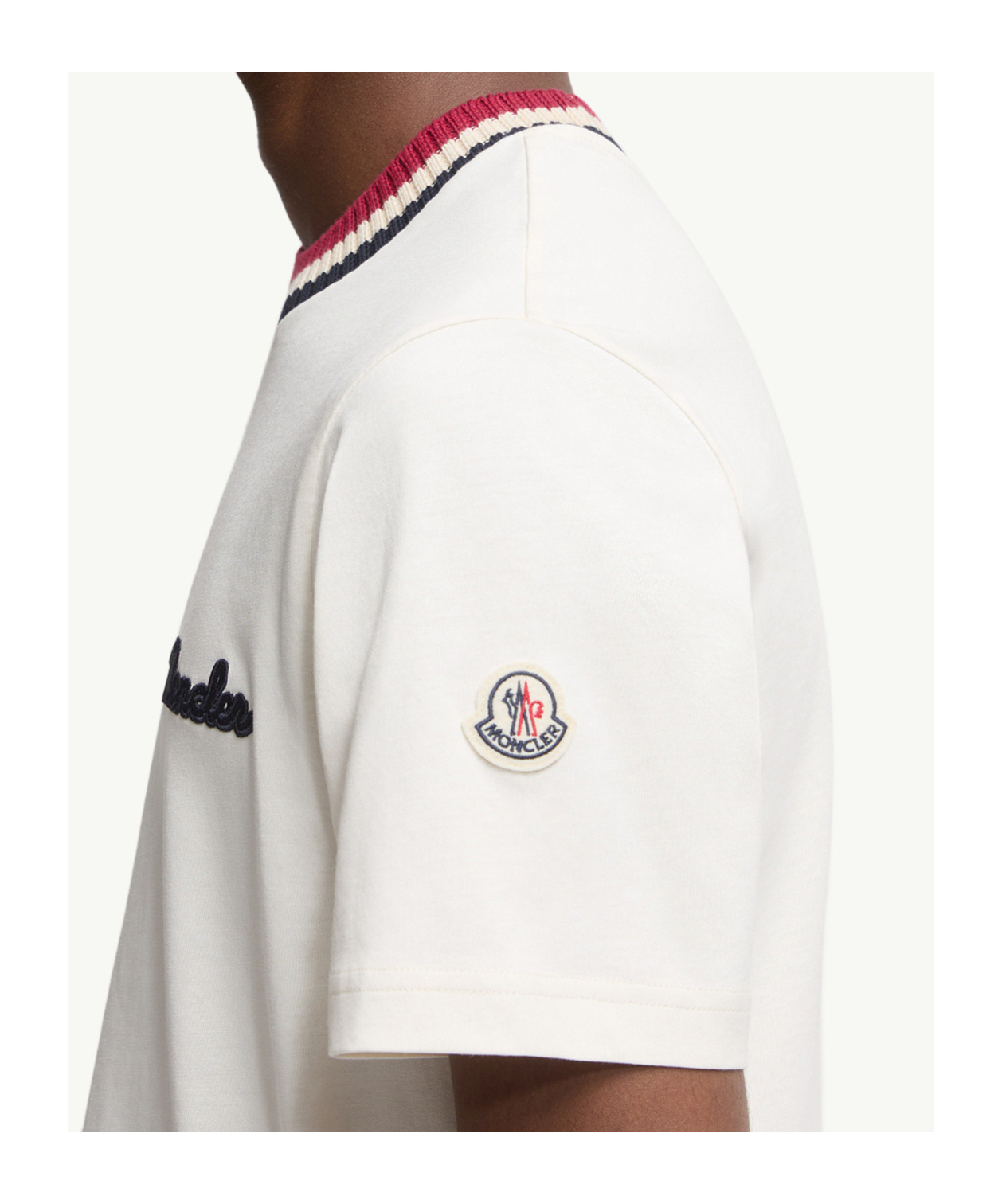 Moncler White Cotton T-shirt With A Contrasting Ribbed Striped Collar And Logo In White