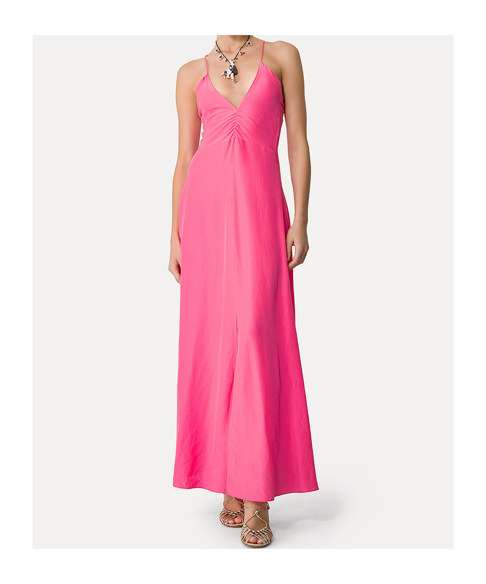 Forte Forte Fuchsia Sleeveless Long Dress With Criss-crossed Spaghetti Straps And Rear Button Closure In Tech Fa