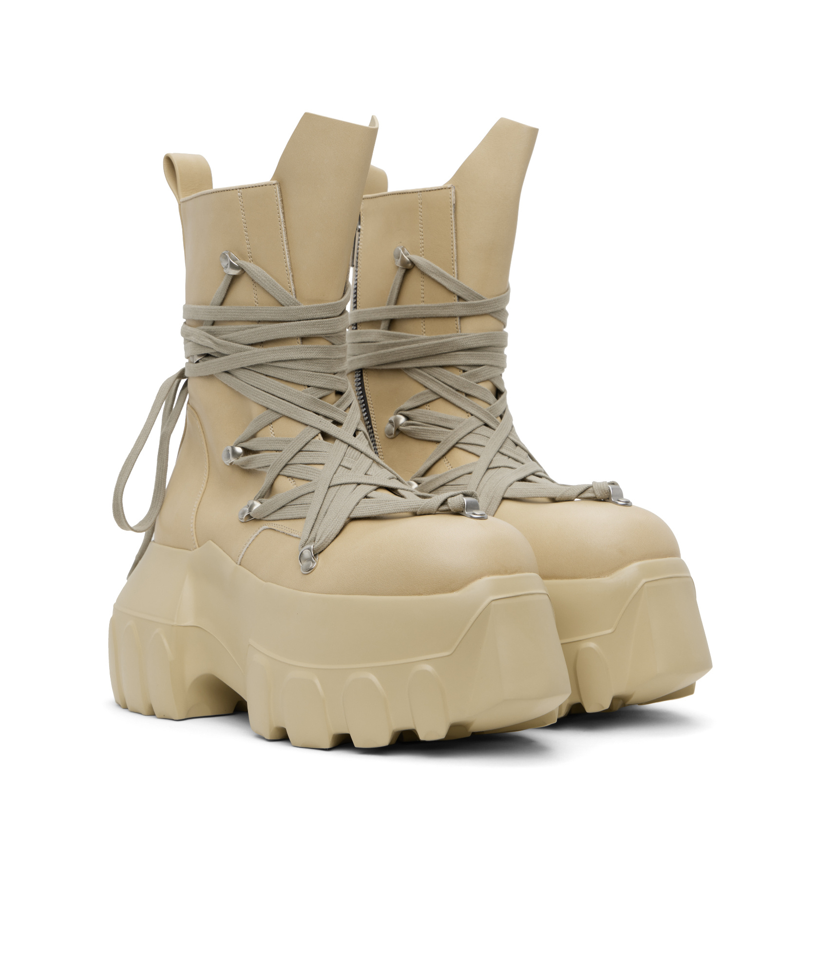 Rick Owens Beige Hollywood Megalace Mega Tractor Boots In Beige