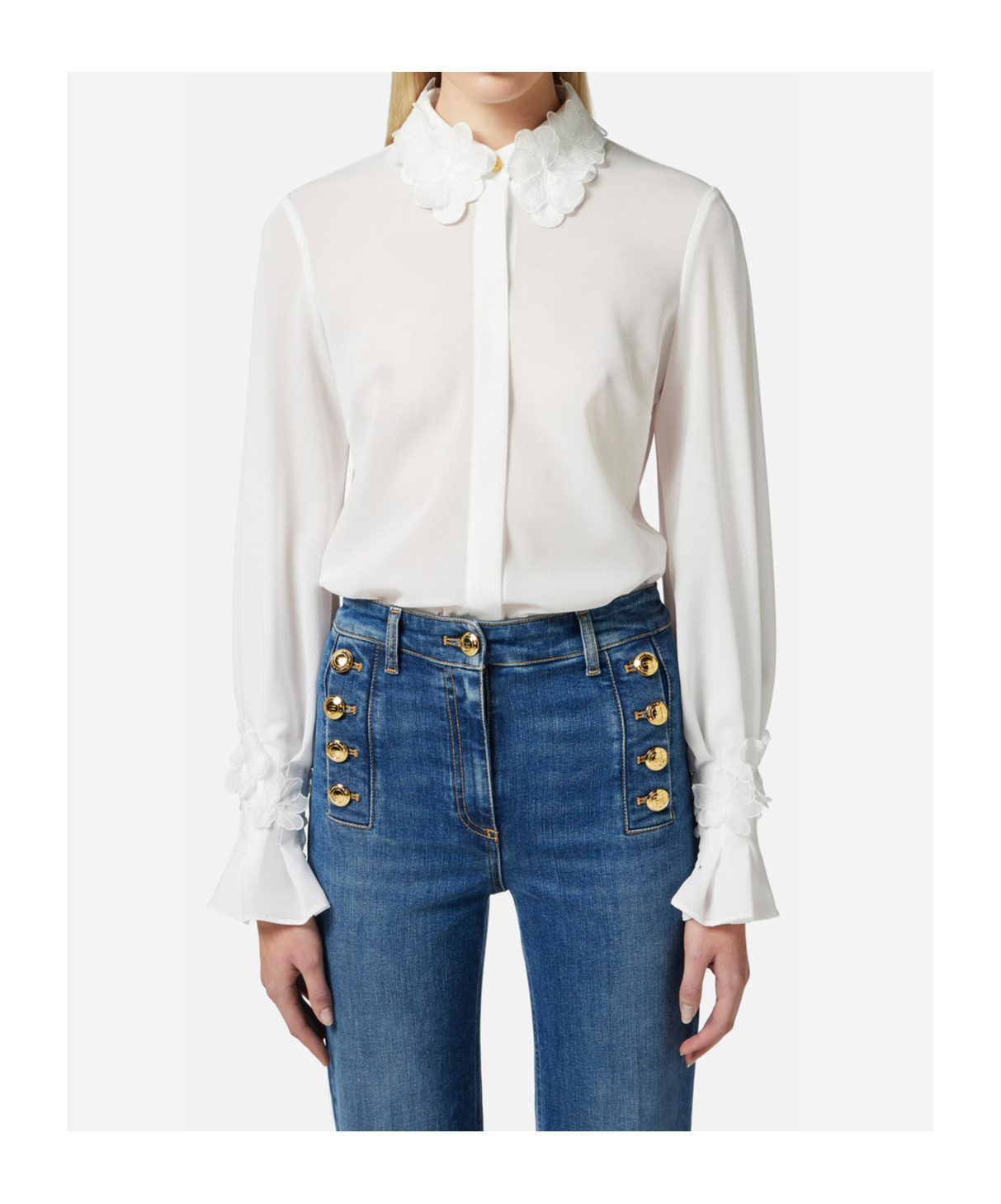 Elisabetta Franchi Shirt In Georgette Fabric With Floral Embroideries In Ivory