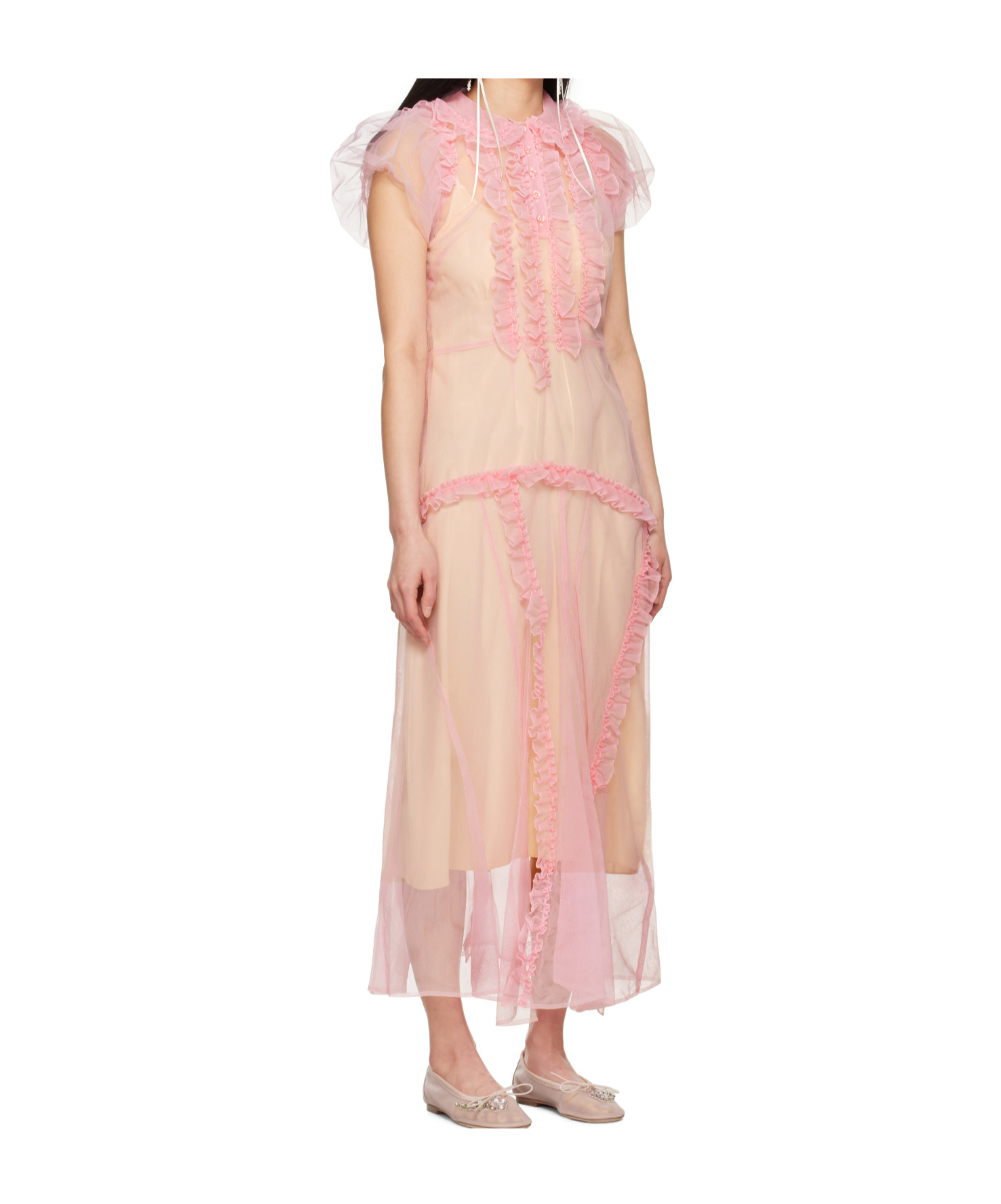 Simone Rocha Ruffled Sheer Tulle Midi Dress In Pink