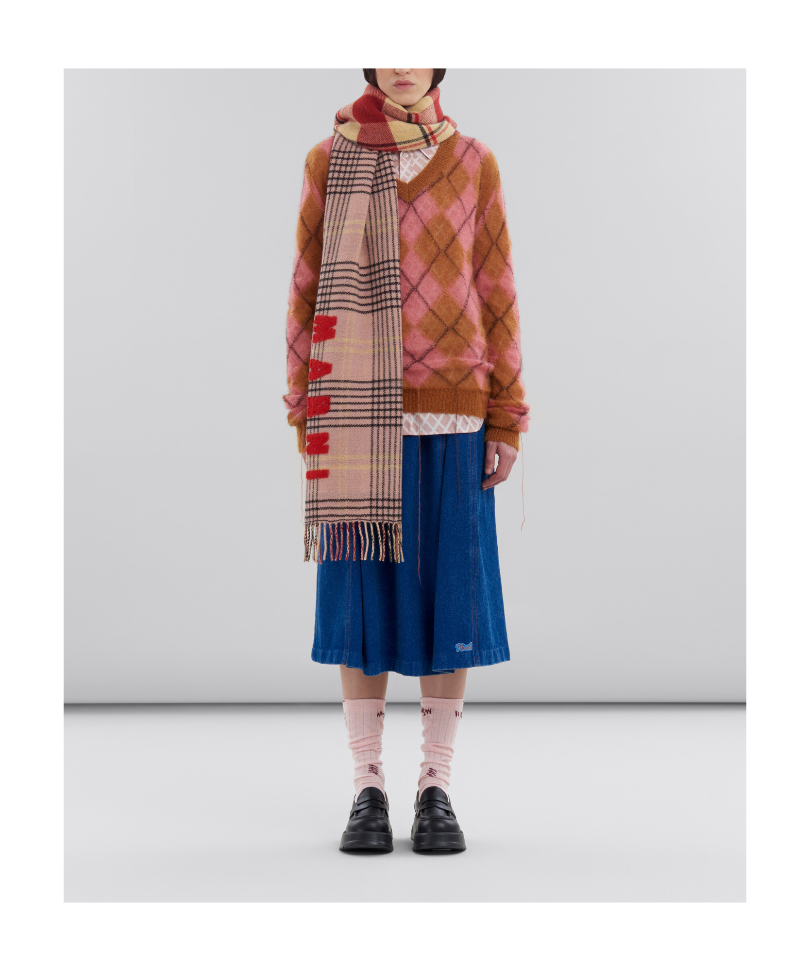 Marni Intarsia-knit Logo Scarf In Multicolor