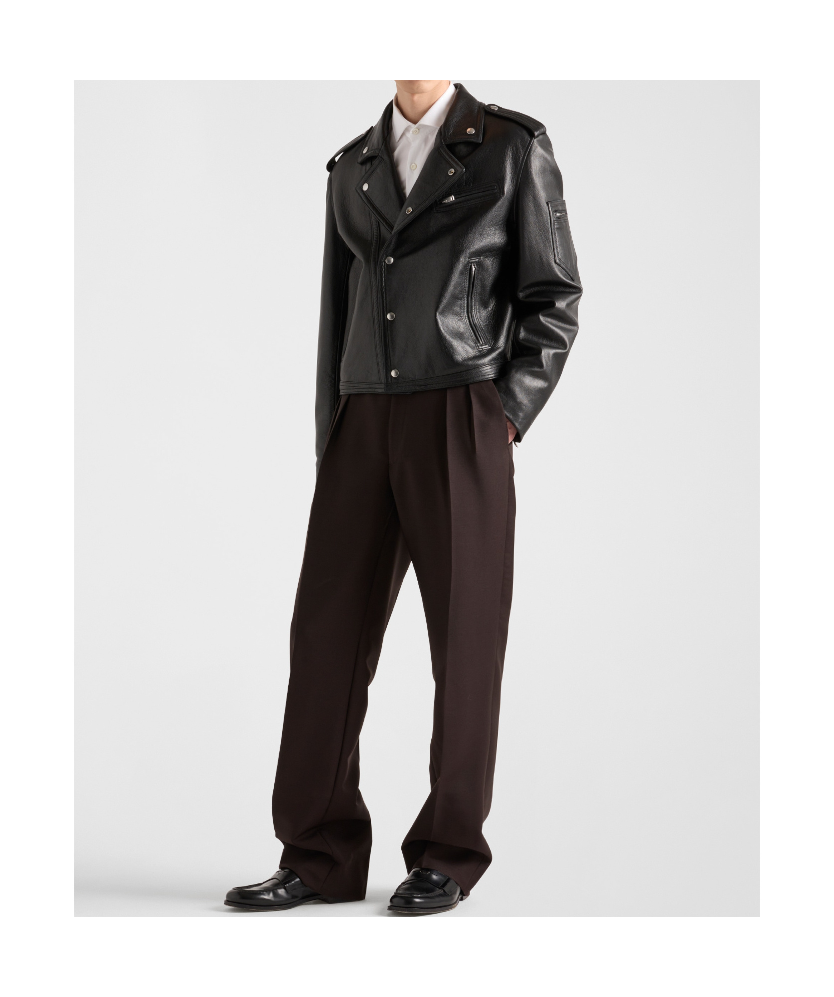 Prada Lapel Long-sleeved Leather Jacket In Black
