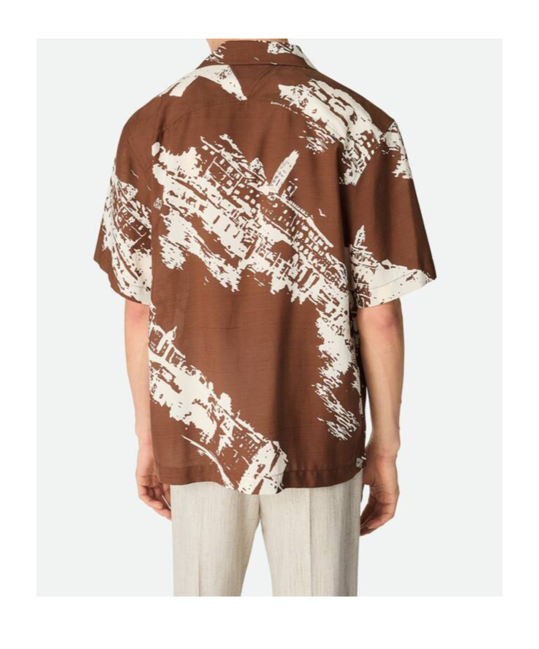 Bottega Veneta Postcard Print Silk Shantung Short Sleeve Shirt In Brown