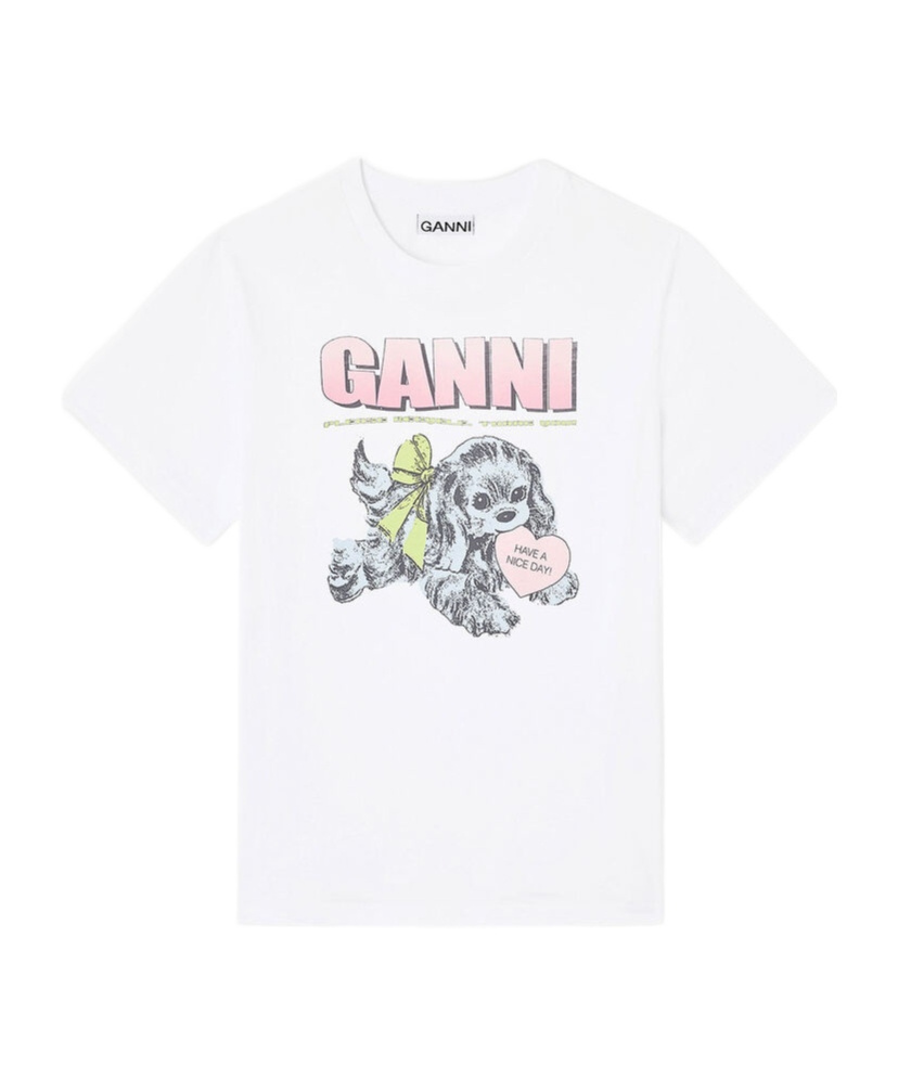 Ganni Graphic Print Crew Neck Short Sleeve Top In White