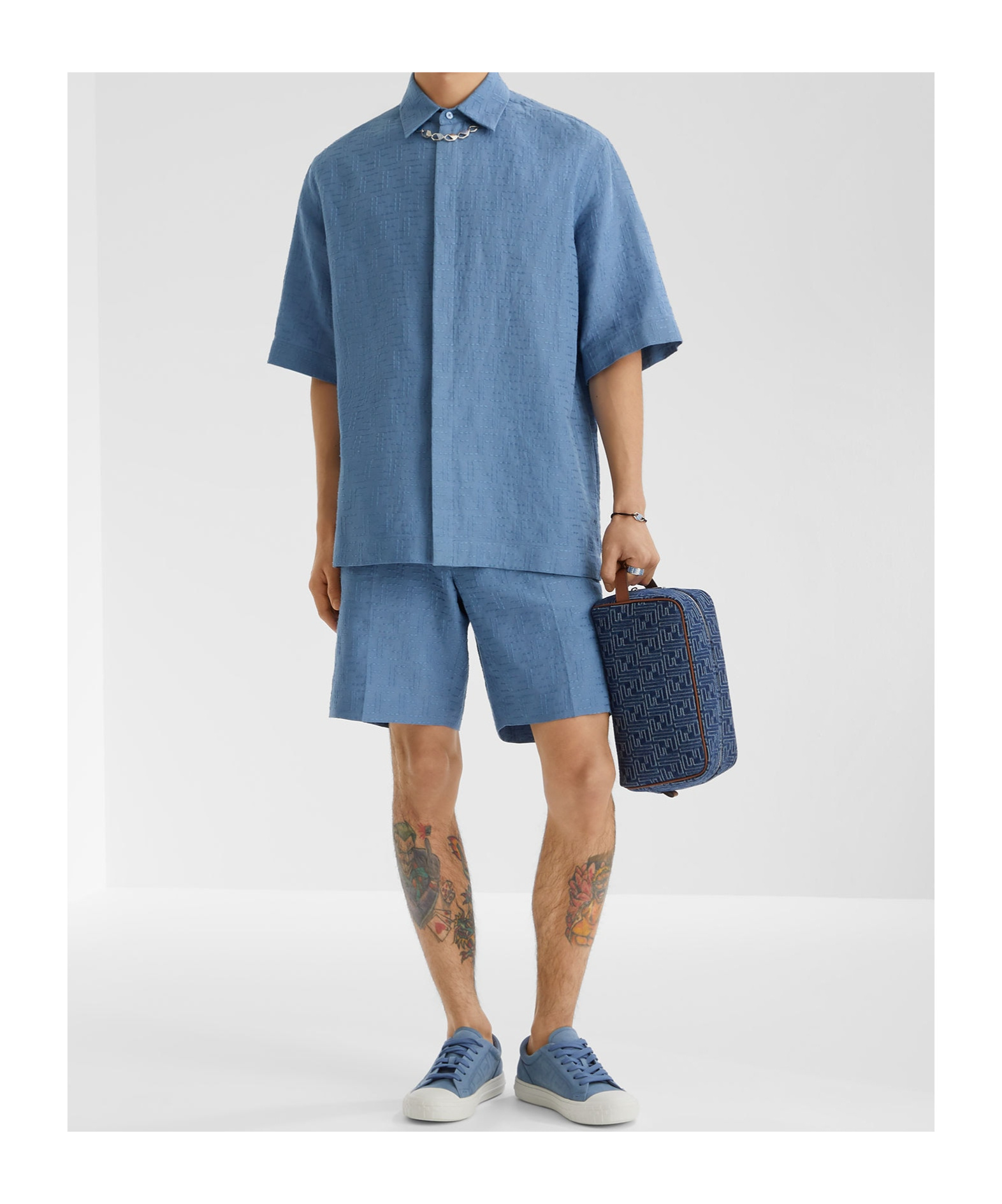 Fendi Linen Bermuda With Jacquard Trousers Light Blue