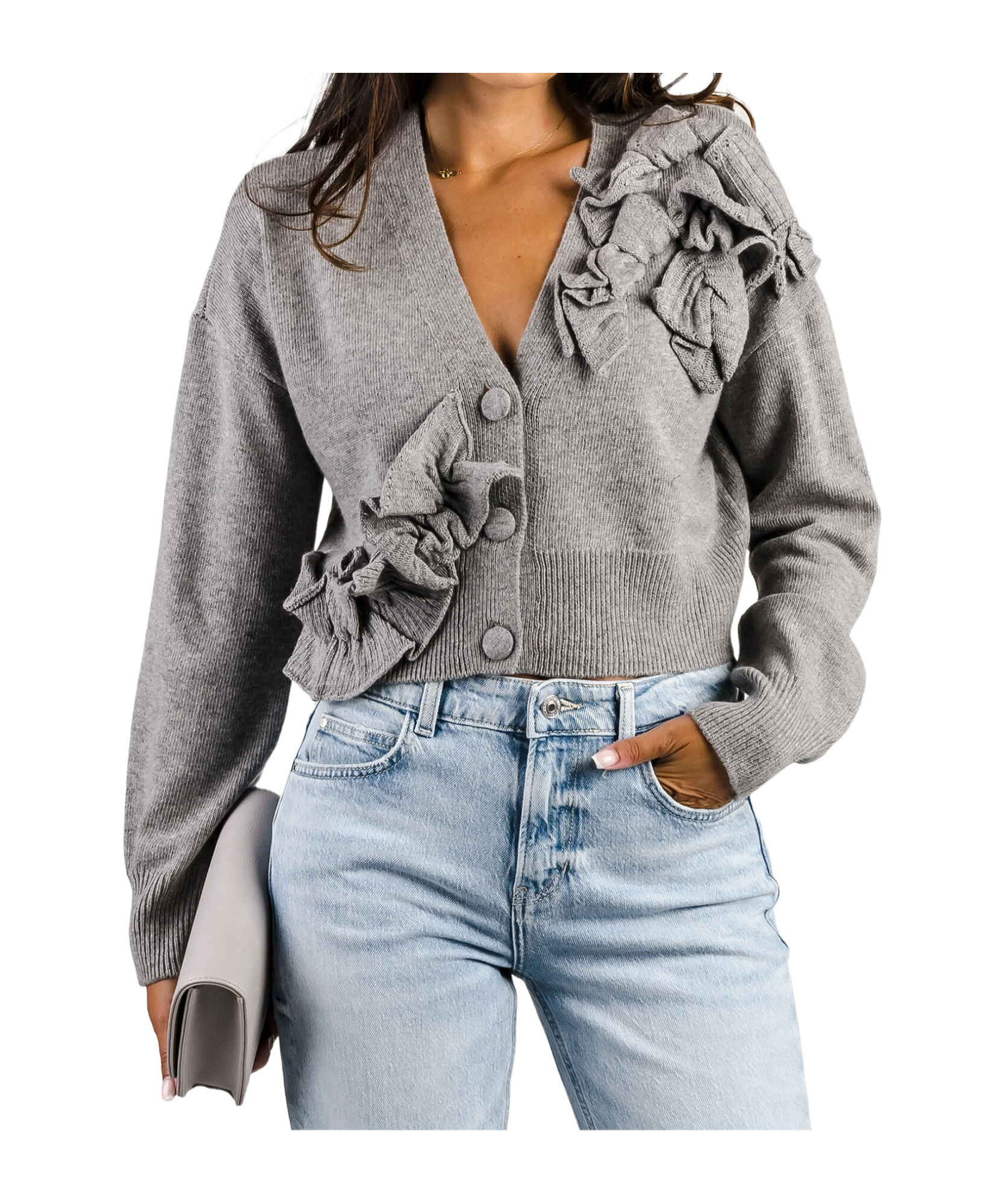 Twinset Ruffled Knitted Cardigan In Gray