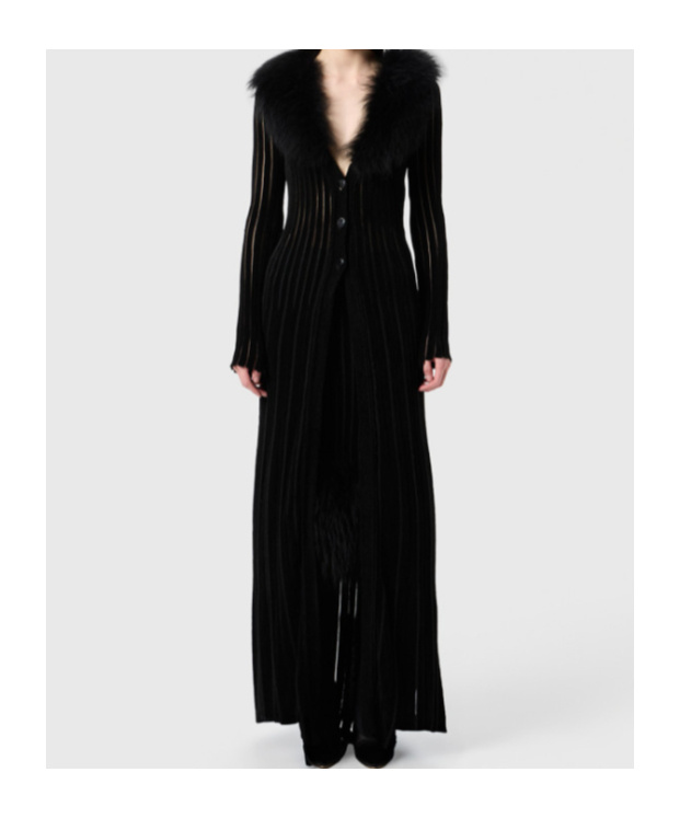 Blumarine Long Cardigan With Fur Collar In Black