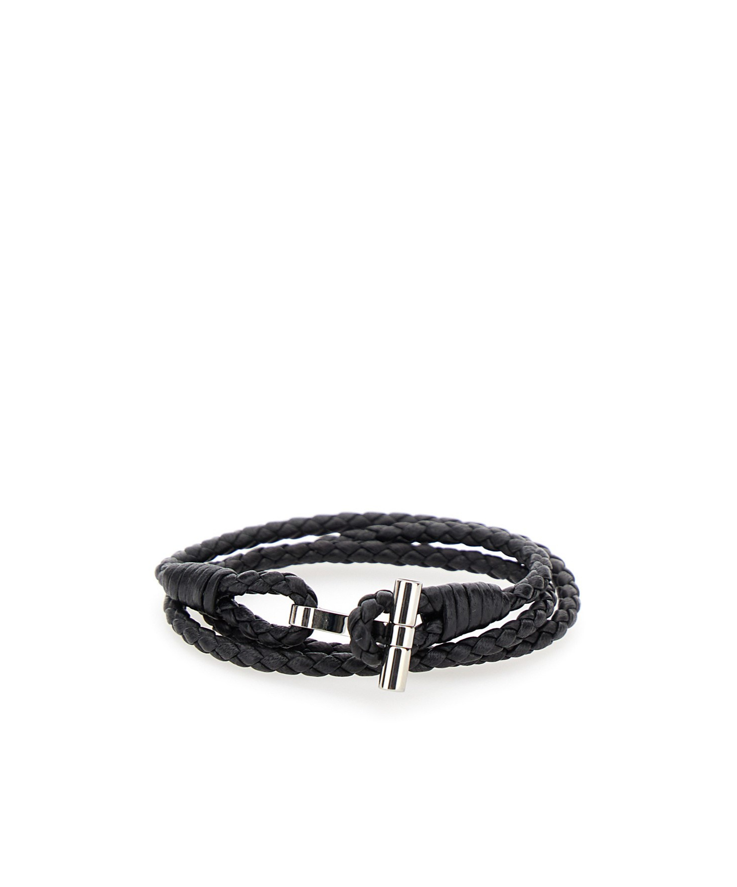 Tom Ford Black Bracelet With T Detail In Braided Leather Man In Black