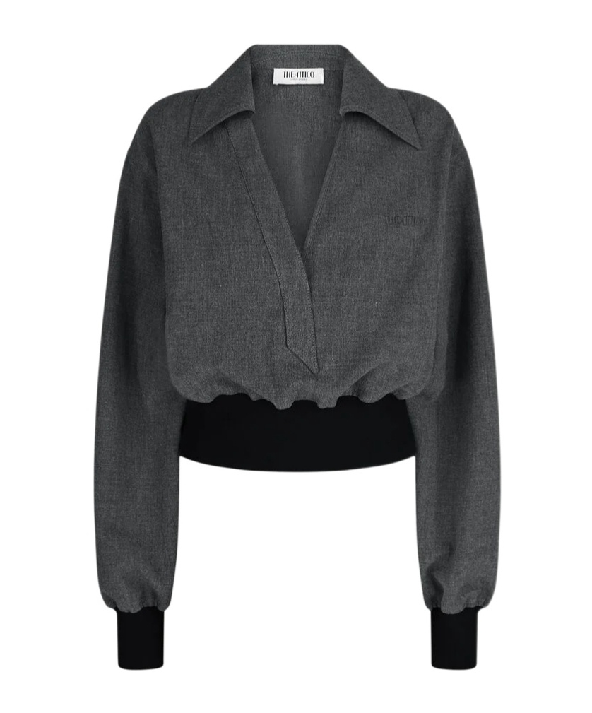 Attico Banded-cuff Collared Top In Gray
