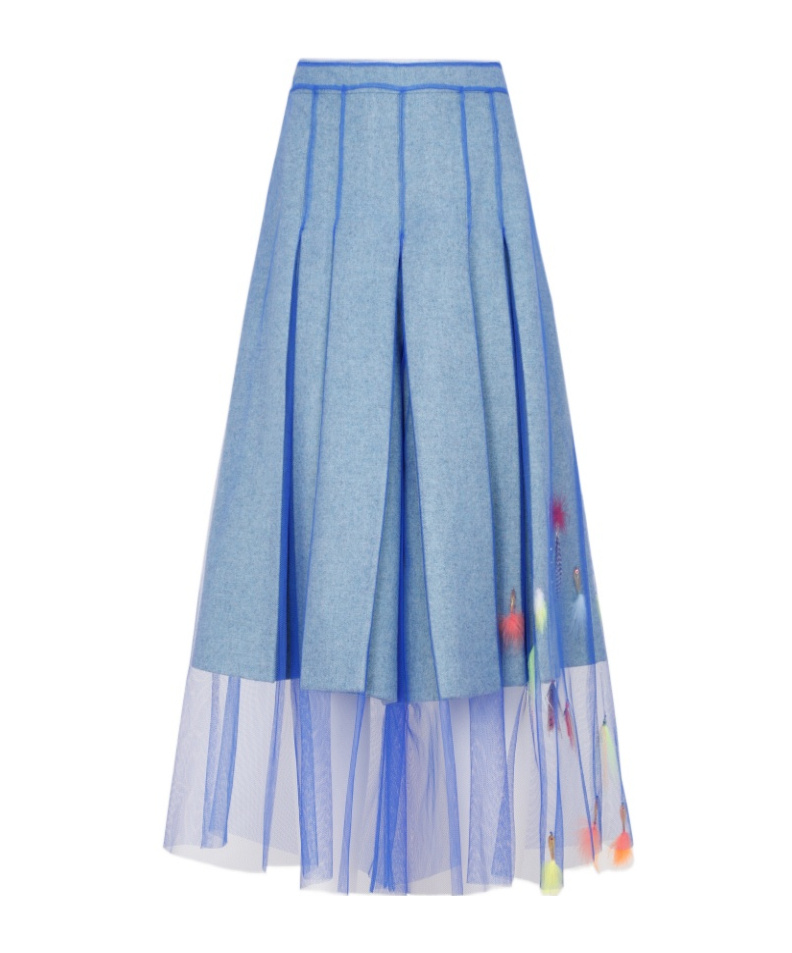 Maison Margiela Feather-detail Tulle-overlay Pleated Culottes In Blue