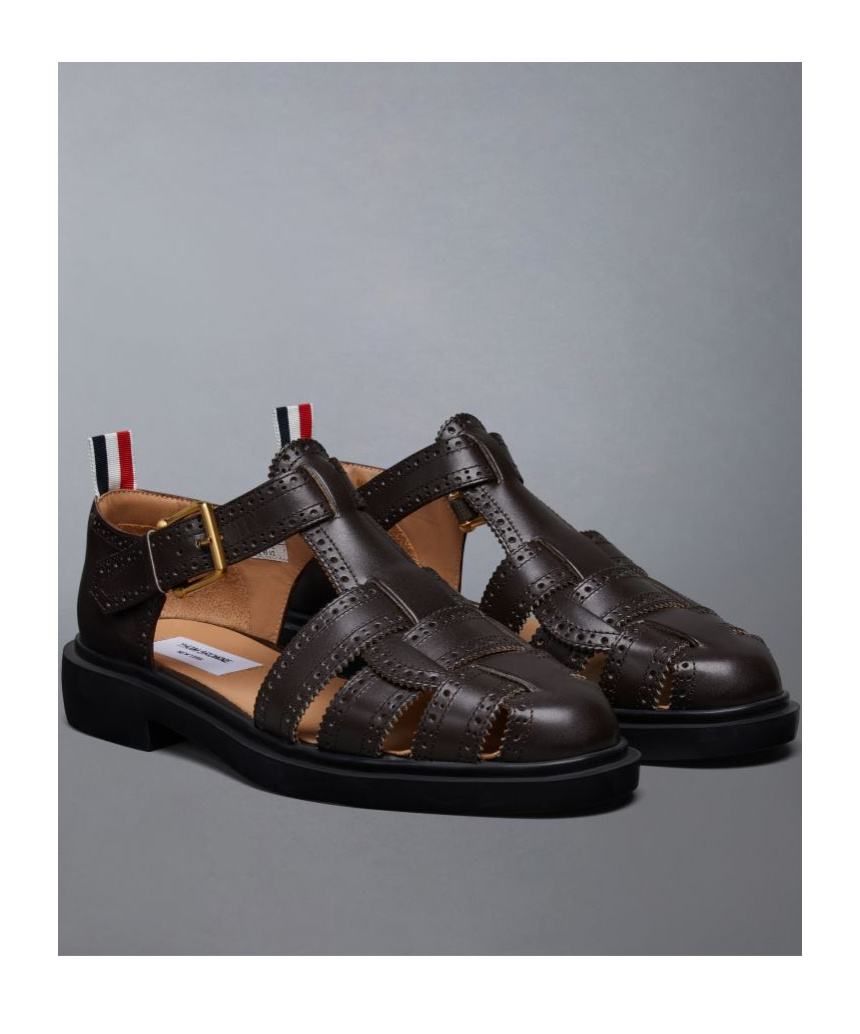 Thom Browne Fisherman Perforated Pebbled-leather Sandals In Black