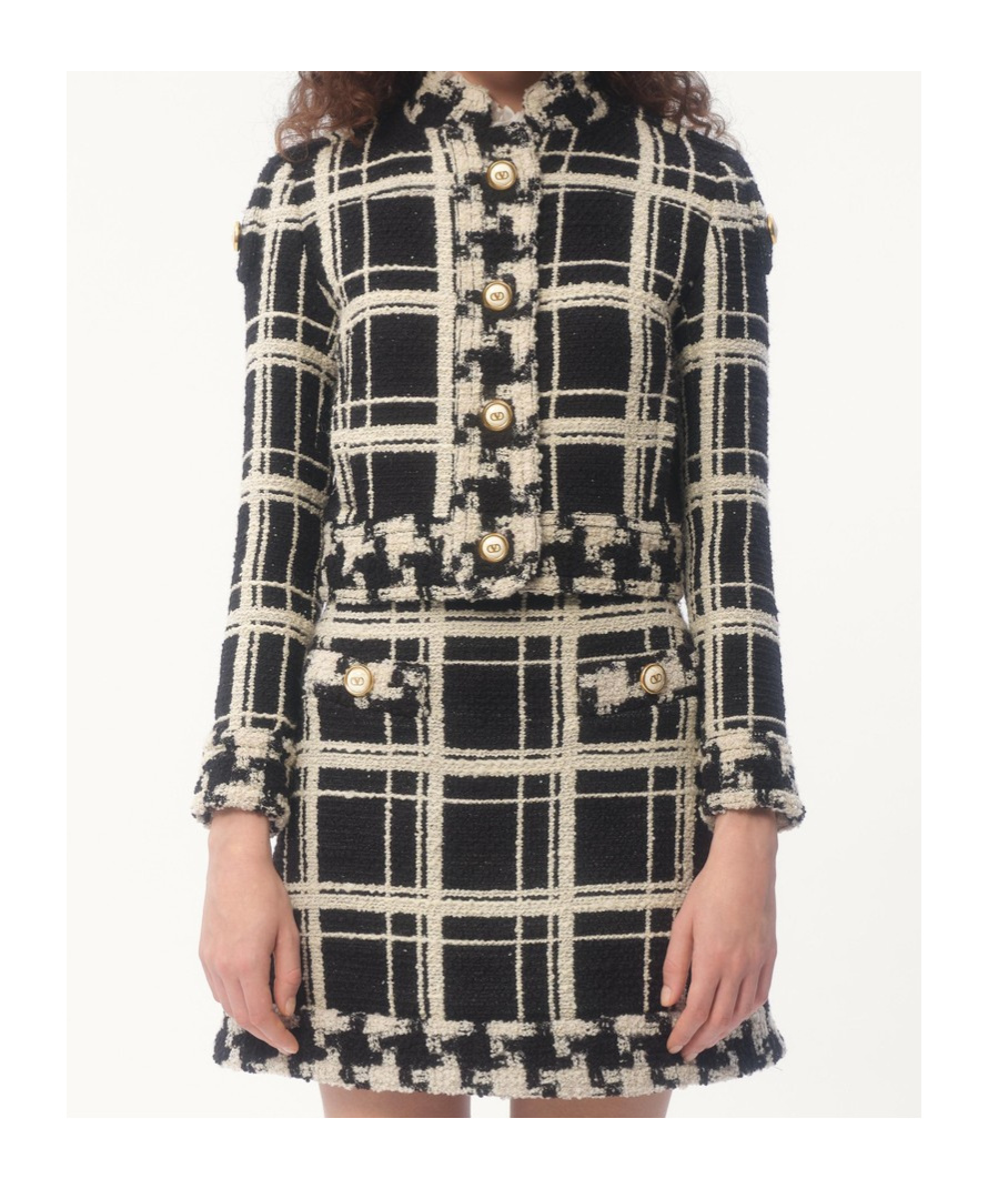 Valentino Womens Tweed Check-print Knitted Jacket Nero Avorio In Black