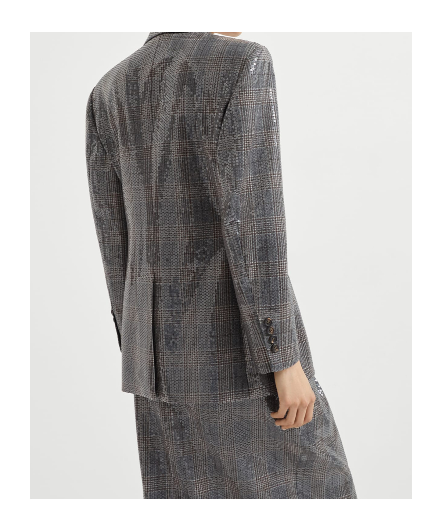 Brunello Cucinelli Glam Check Sequined Double-breasted Blazer In Gray