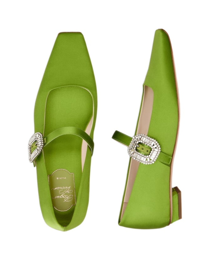 Roger Vivier Crystal Buckle Pointed Toe Satin Strap Shoes In Green