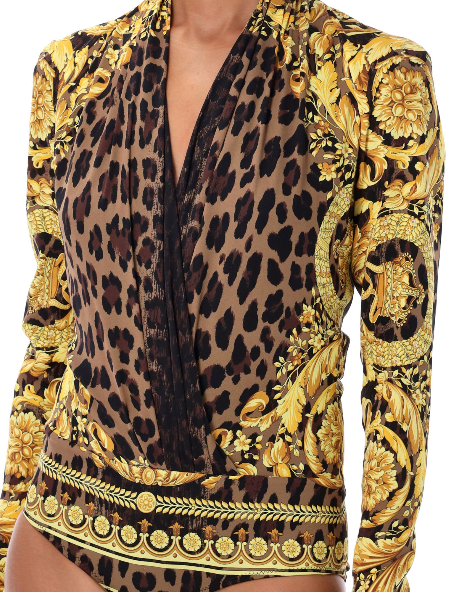 Versace Black & Gold Wild Barocco Silk Draped Bodysuit In Black
