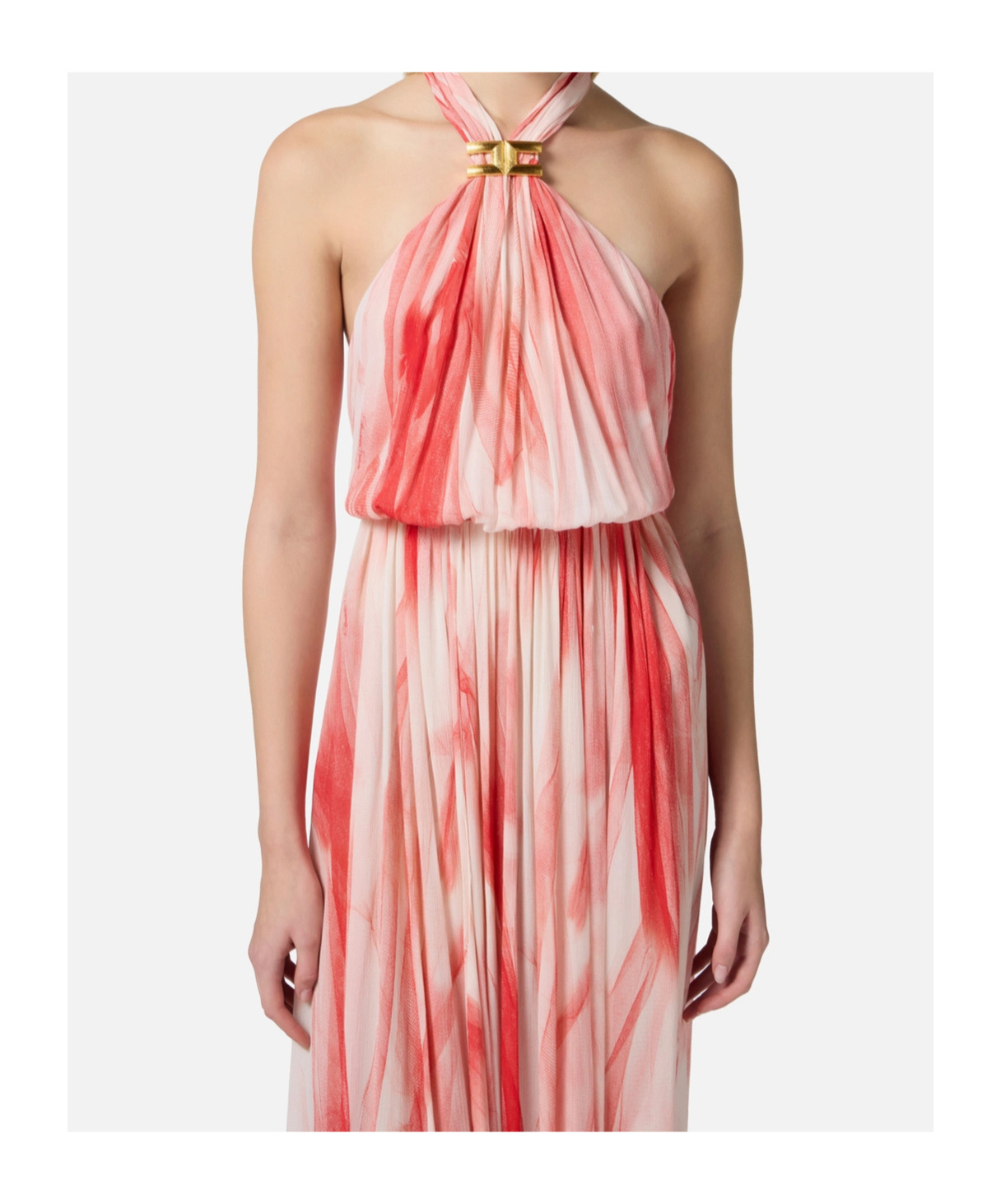 Elisabetta Franchi Halter Neck Maxi Length Printed Tie Detail In Butter/red Passion