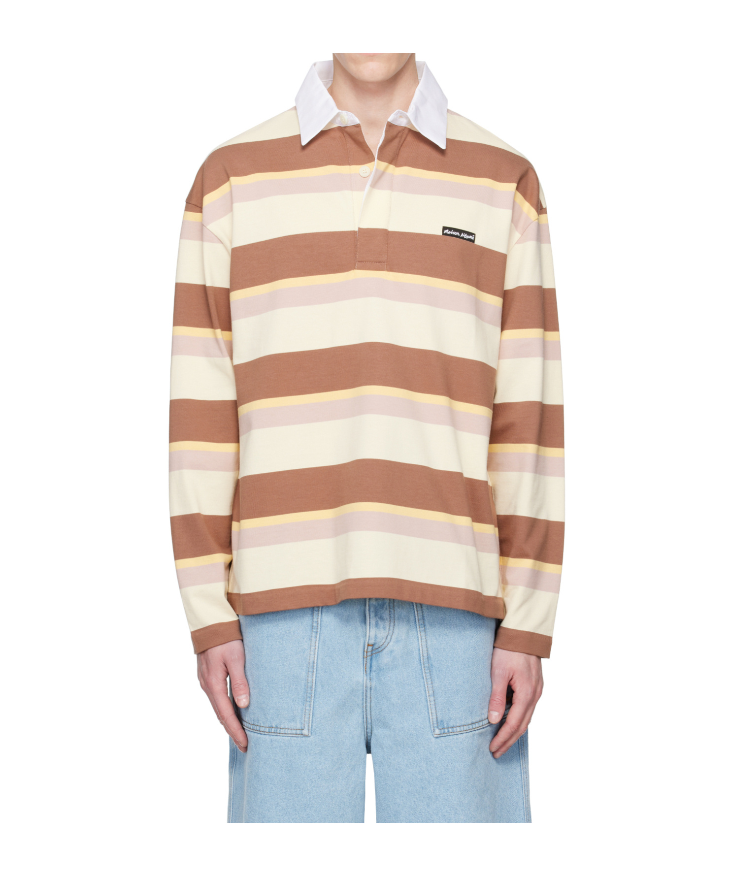 Maison Kitsuné Striped Long-sleeved Polo Shirt In Brown