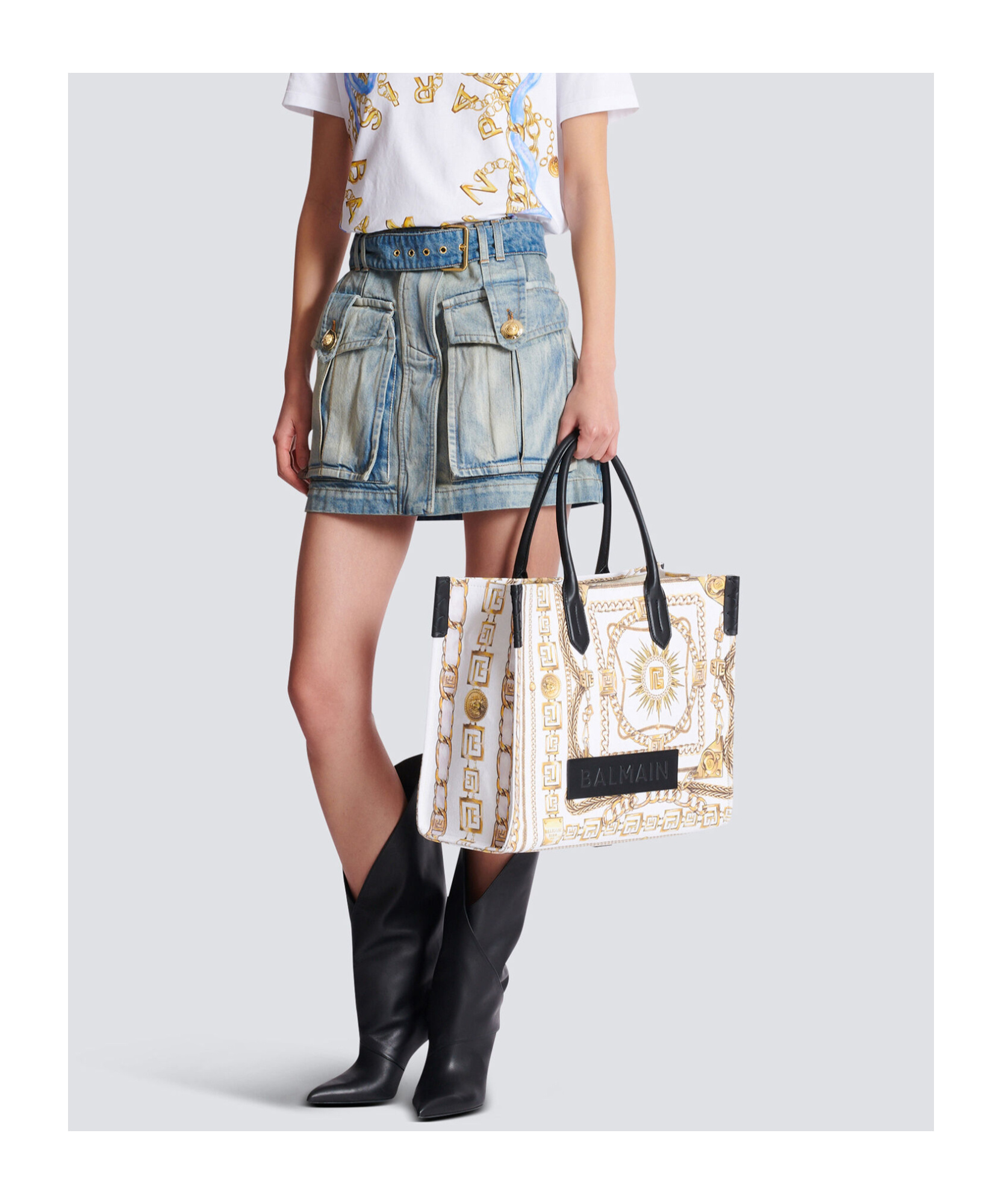 Balmain B-army Medium Tote Bag In Printed Canvas